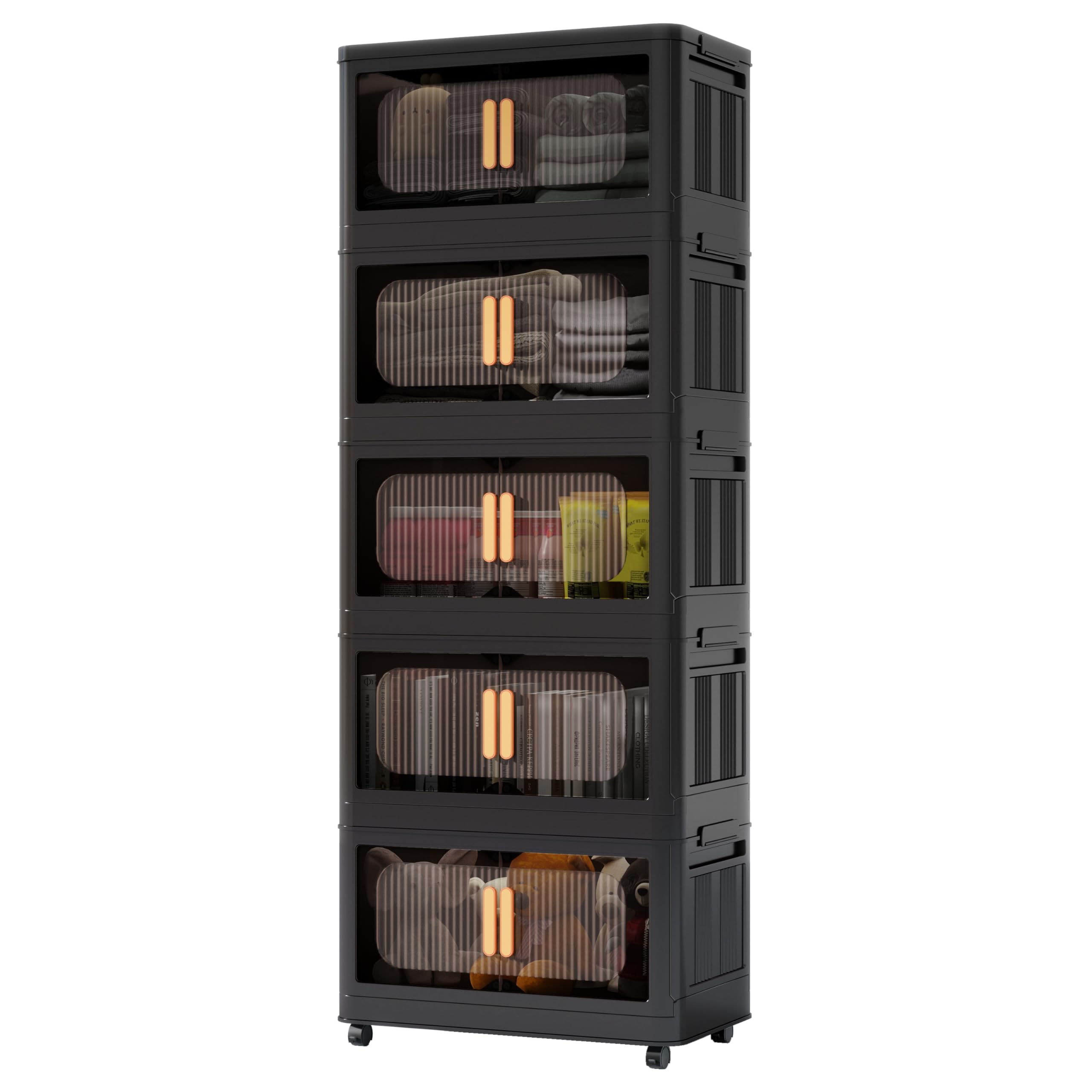Collapsible Storage Bins with Magnetic Door - 5-Tier Plastic Storage Cabinet with Wheels, Black Side Wide Folding Organizer (19.69