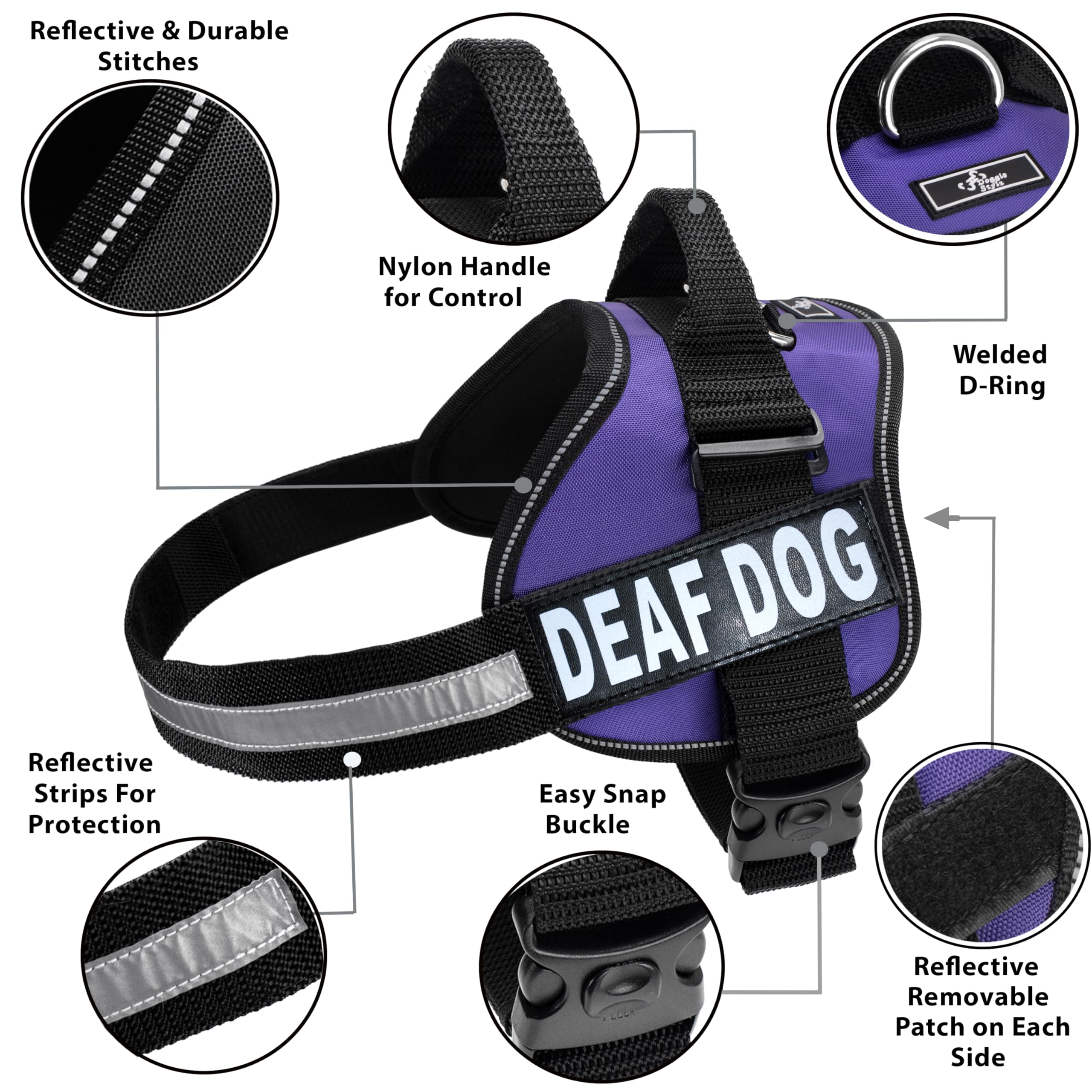Doggie Stylz Adjustable Dog Harness with Removable Patches & Reflective Trim - Purple Pet Vest for Small to Medium Dogs (19