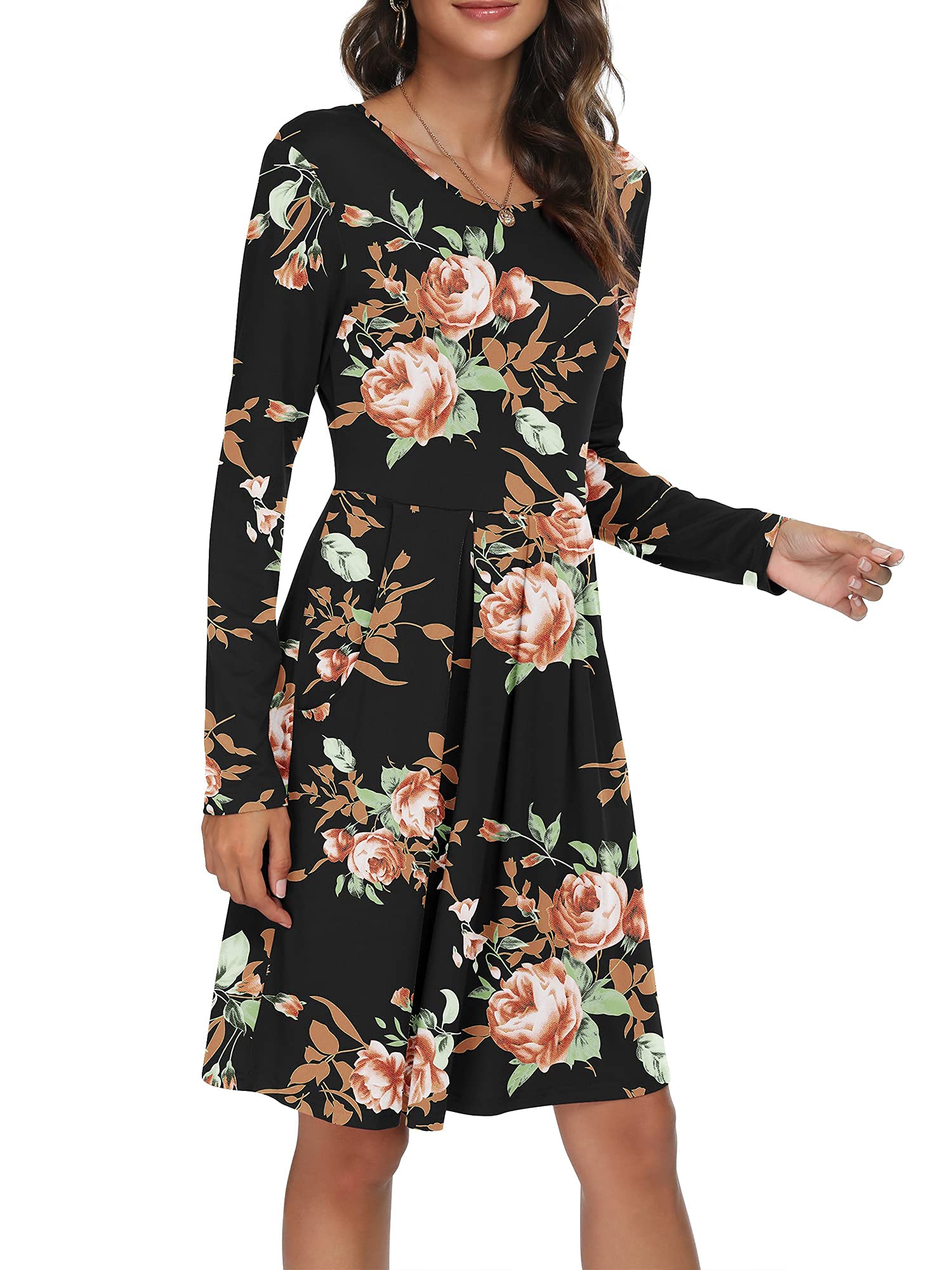 DouBCQ Women's Casual Long Sleeve Pleated Maxi Dress with Pockets - Elegant Flowy Fall Dress for Work, Date Night & Autumn Outings