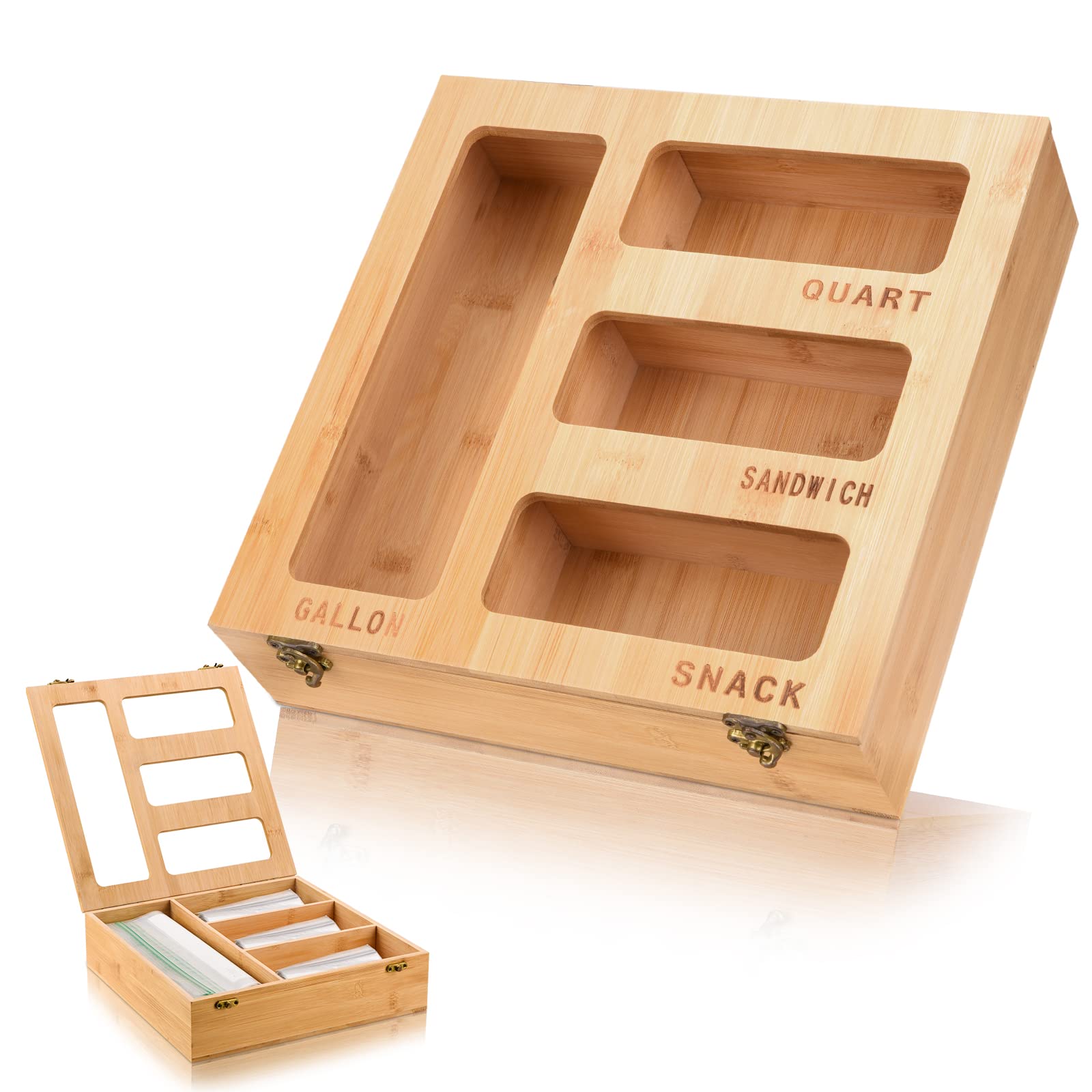 Supcooki Bamboo Flip-Top Bag Organizer for Kitchen Drawers - Plastic & Food Storage Bag Holder - Fits Gallon, Quart, Sandwich & Snack Bags - Perfect for Pantry Organization & Space Saving Storage