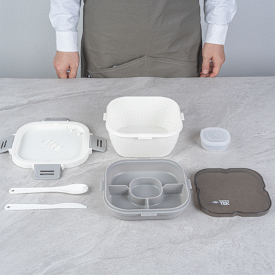 Bento Tek 58 oz White and Gray BPA-Free Lunch Box with Fork & Knife - Microwave Safe, Leak-Proof Meal Prep Container (7.25