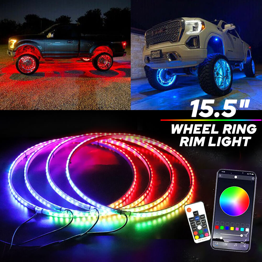 4 Pack 15.5 Inch LED Wheel Ring Lights - RGB Color Changing with Brake, Chase & Turn Signals for Cars & Trucks - APP & Remote Control - Perfect for Off-Roading, Car Shows & Night Cruising