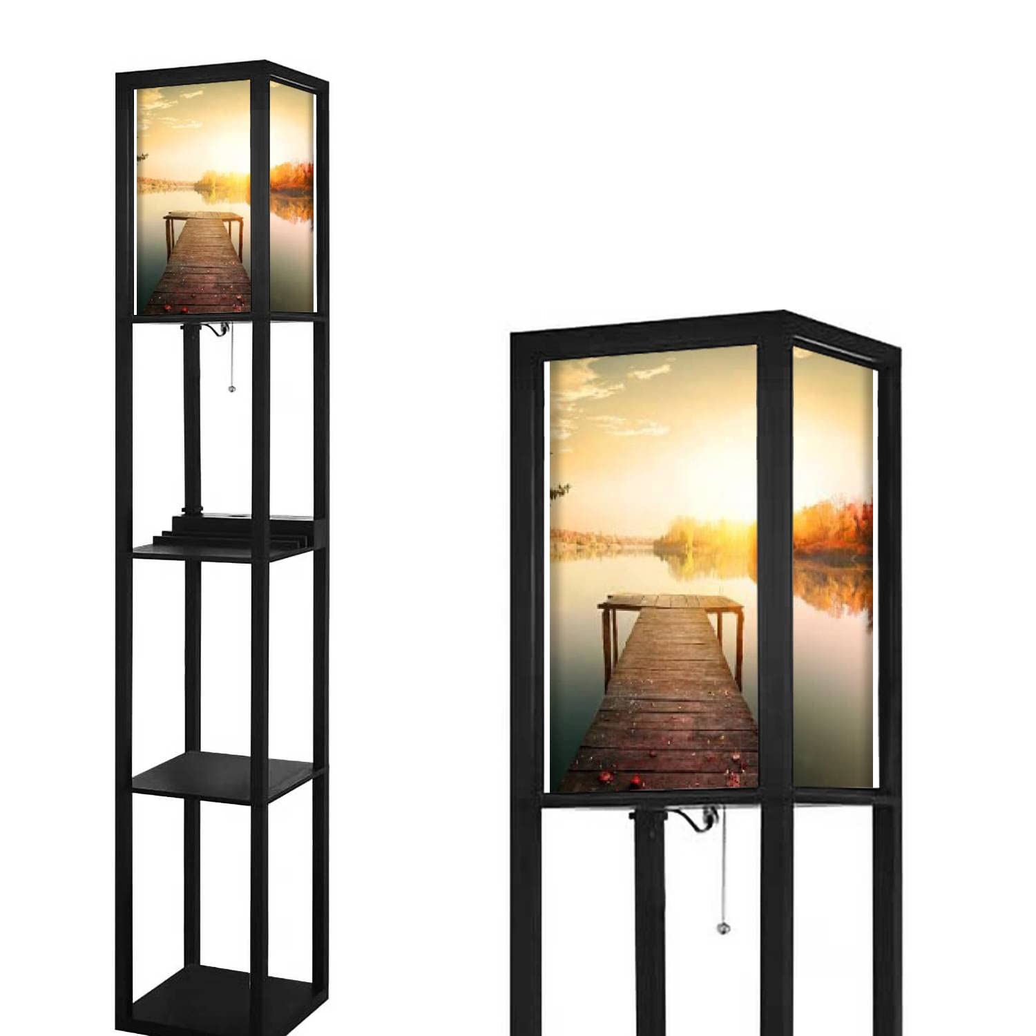 Modern Red Autumn & Fishing Pier Floor Lamp with Shelves, USB Port & Outlet - Linen Lampshade Corner Standing Lamp for Living Room, Bedroom & Office - Tall Reading Light with Storage Space for Books & Decor