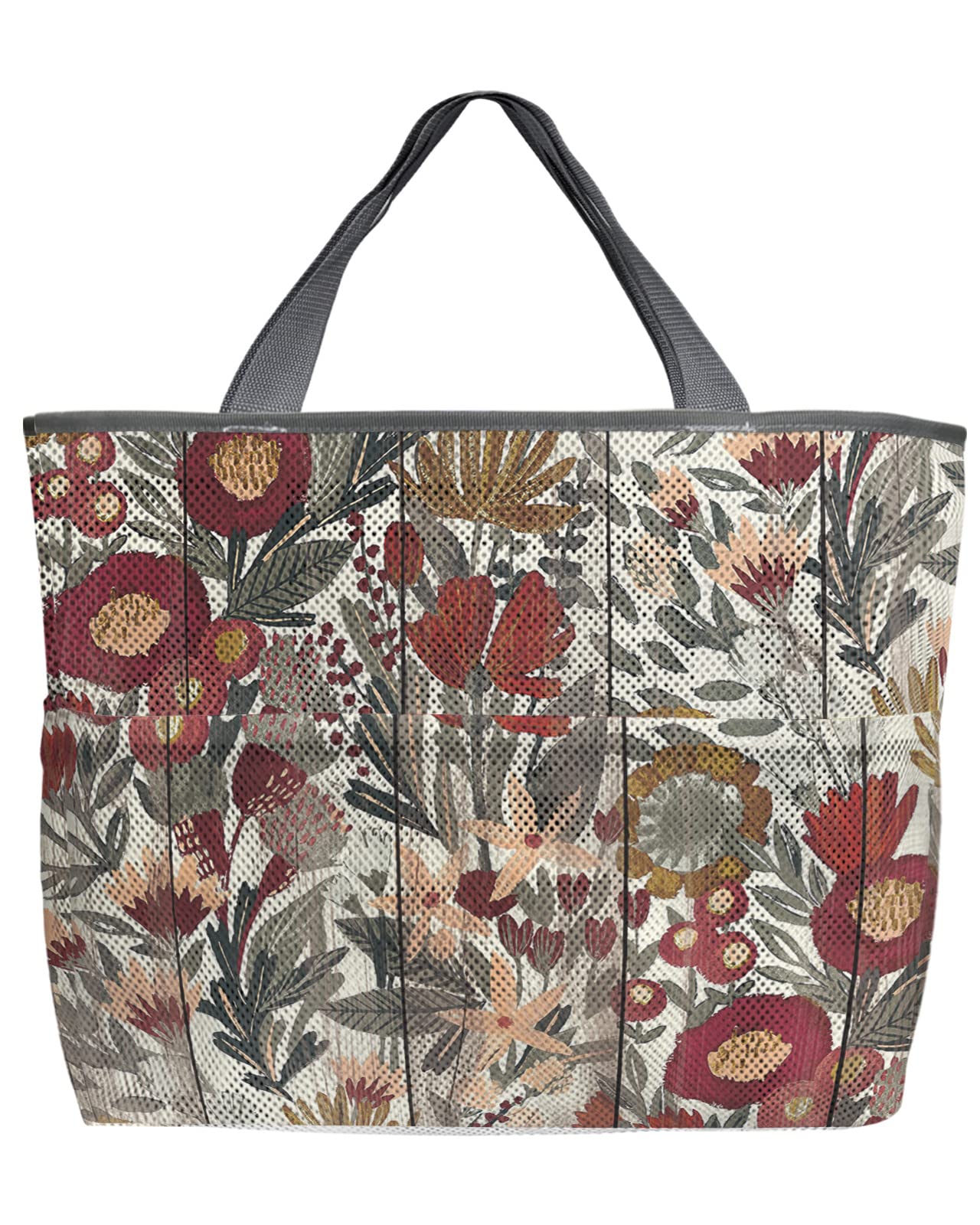 Floral Mesh Beach Tote Bag - 60L Oversized Quick-Dry Swim Bag with Pockets | Retro Wood Grain Design | Foldable Lightweight for Pool, Grocery & Travel (24