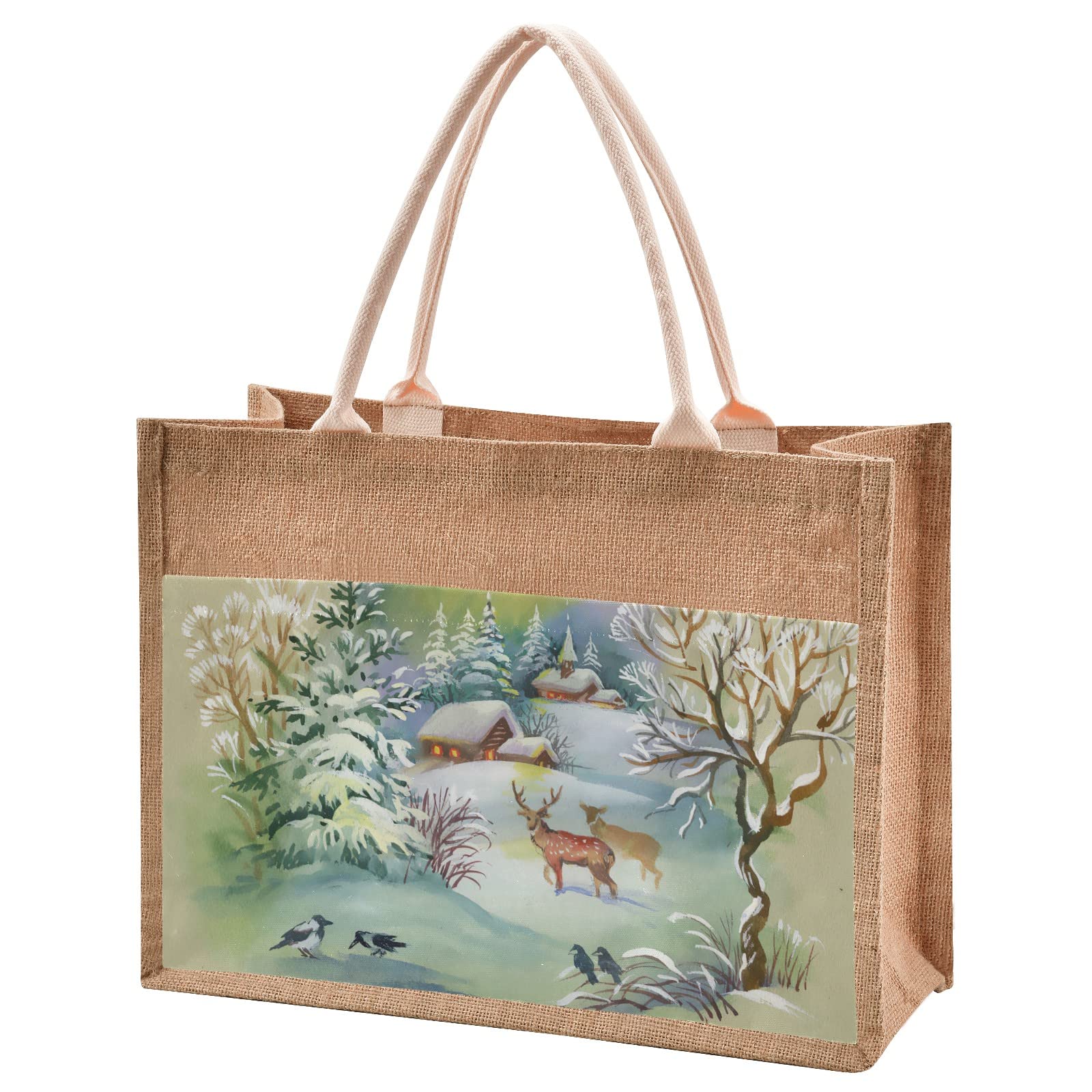 Linqin Deer Jute Tote Bag - Waterproof Burlap Straw Grocery Shopping Bag for Women - Eco-Friendly Reusable Beach Tote for Travel, Market & Daily Use