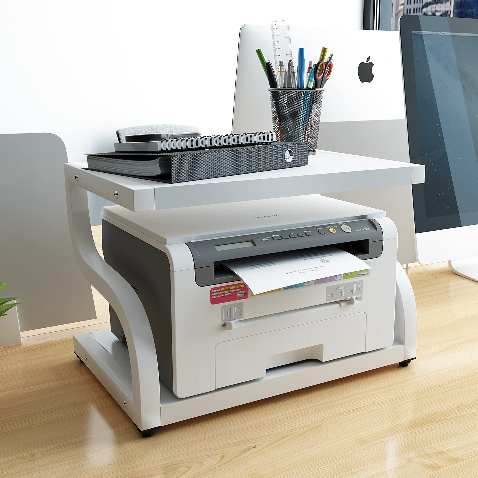 PUNCIA 2-Tier Wooden Printer Stand for Home Office - Heavy Duty Desktop Organizer with Storage Shelf for Laser Printers, Copiers & Office Supplies - Space-Saving Desk Solution for Small Workspaces