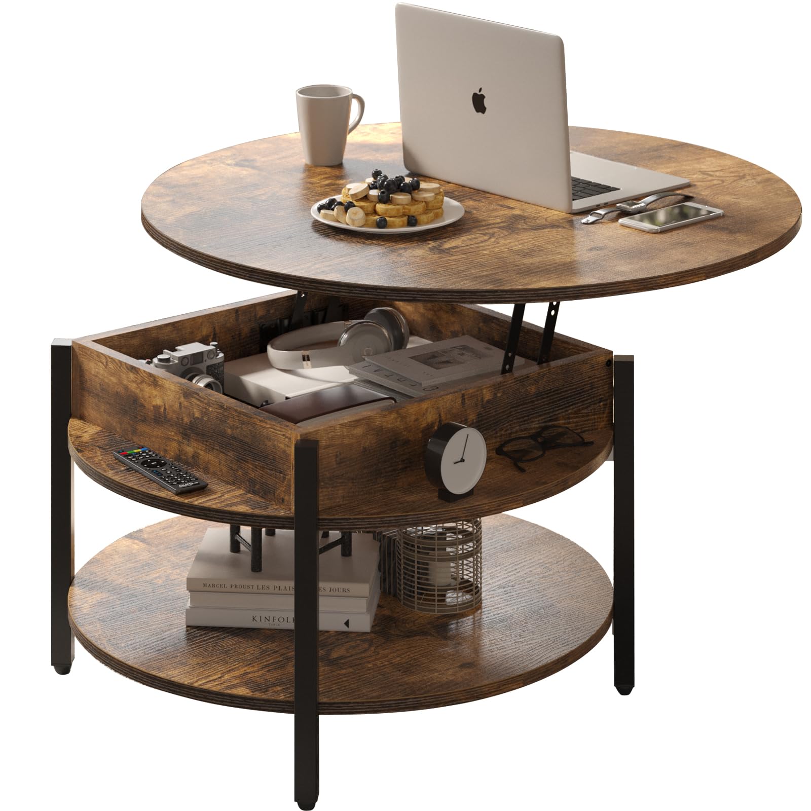 FABATO 26.77'' Round Lift Top Coffee Table with Storage & Hidden Compartment - 2-Tier Farmhouse Style Small Circle Table for Living Room, Reception Area - Rustic Brown Wooden Coffee & Dining Table | Perfect for Small Spaces, TV Lounges & Cozy Home Decor