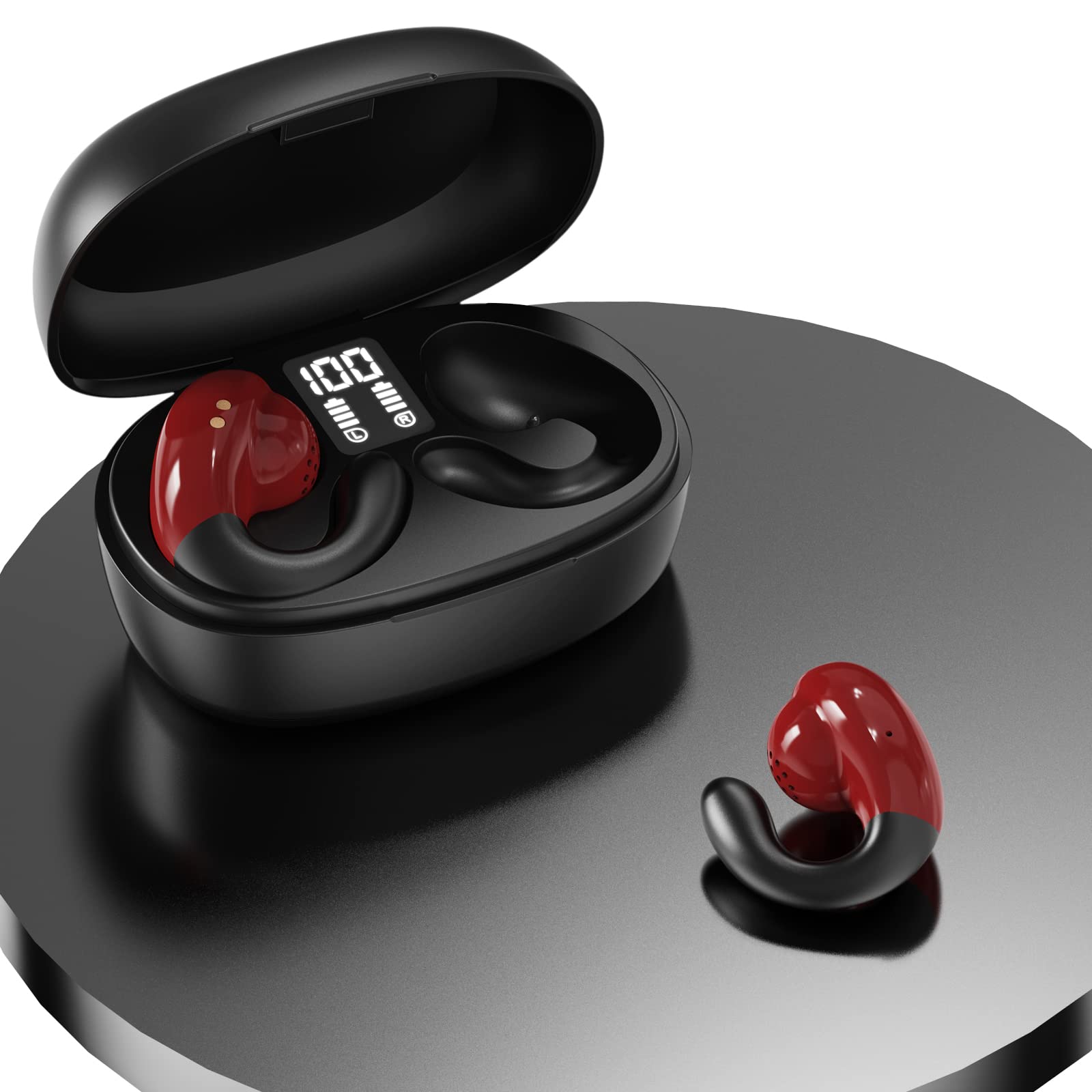 Wireless Open Ear Headphones - Bluetooth Bone Conduction Headphones for Cycling, Running & Workout - Sweatproof Clip-On Earbuds with Secure Fit (Red) - Perfect for Outdoor Sports, Gym & Daily Commute