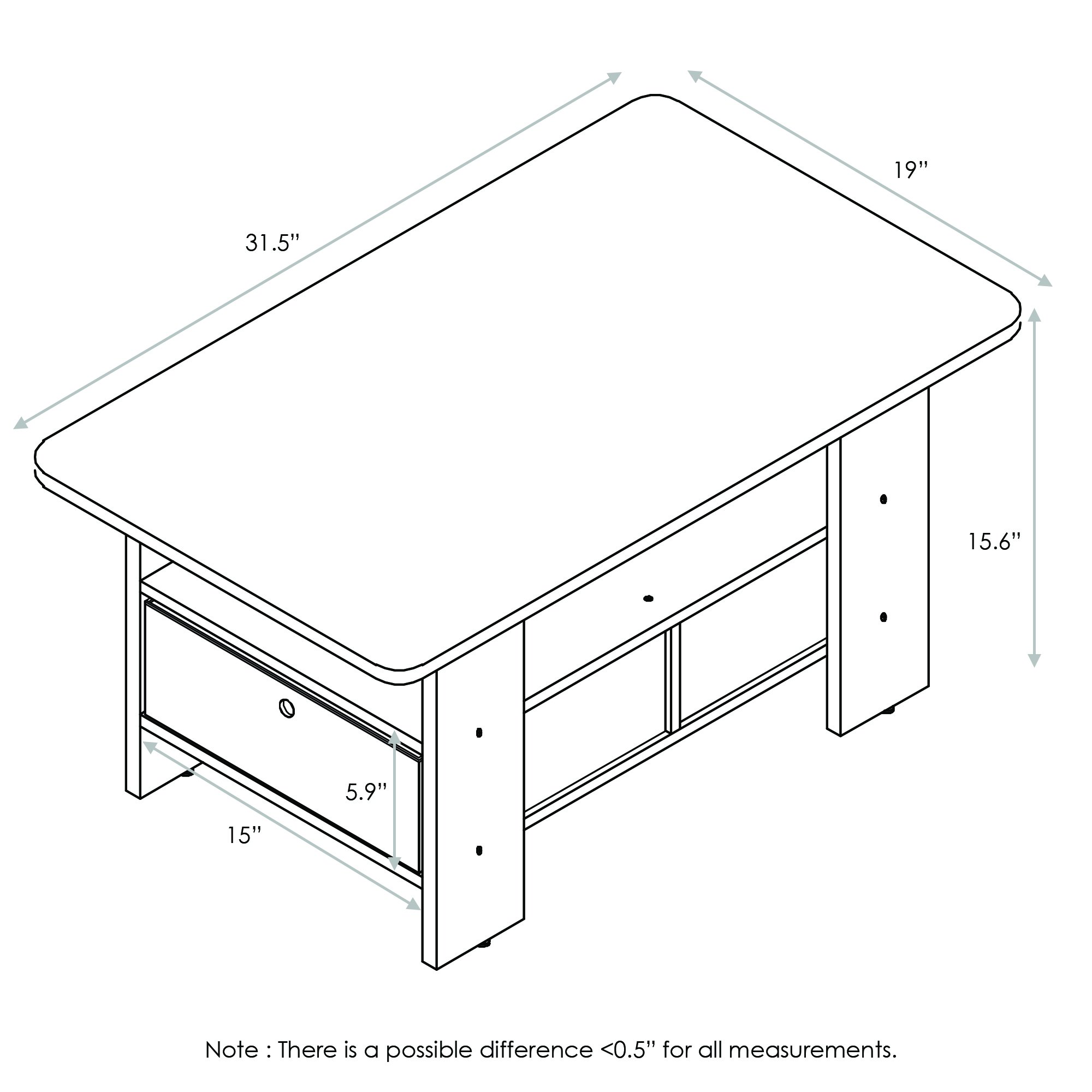 Furinno Andrey Coffee Table with Storage Bin Drawer - Dark Walnut Finish for Living Room, Home Office & Small Spaces