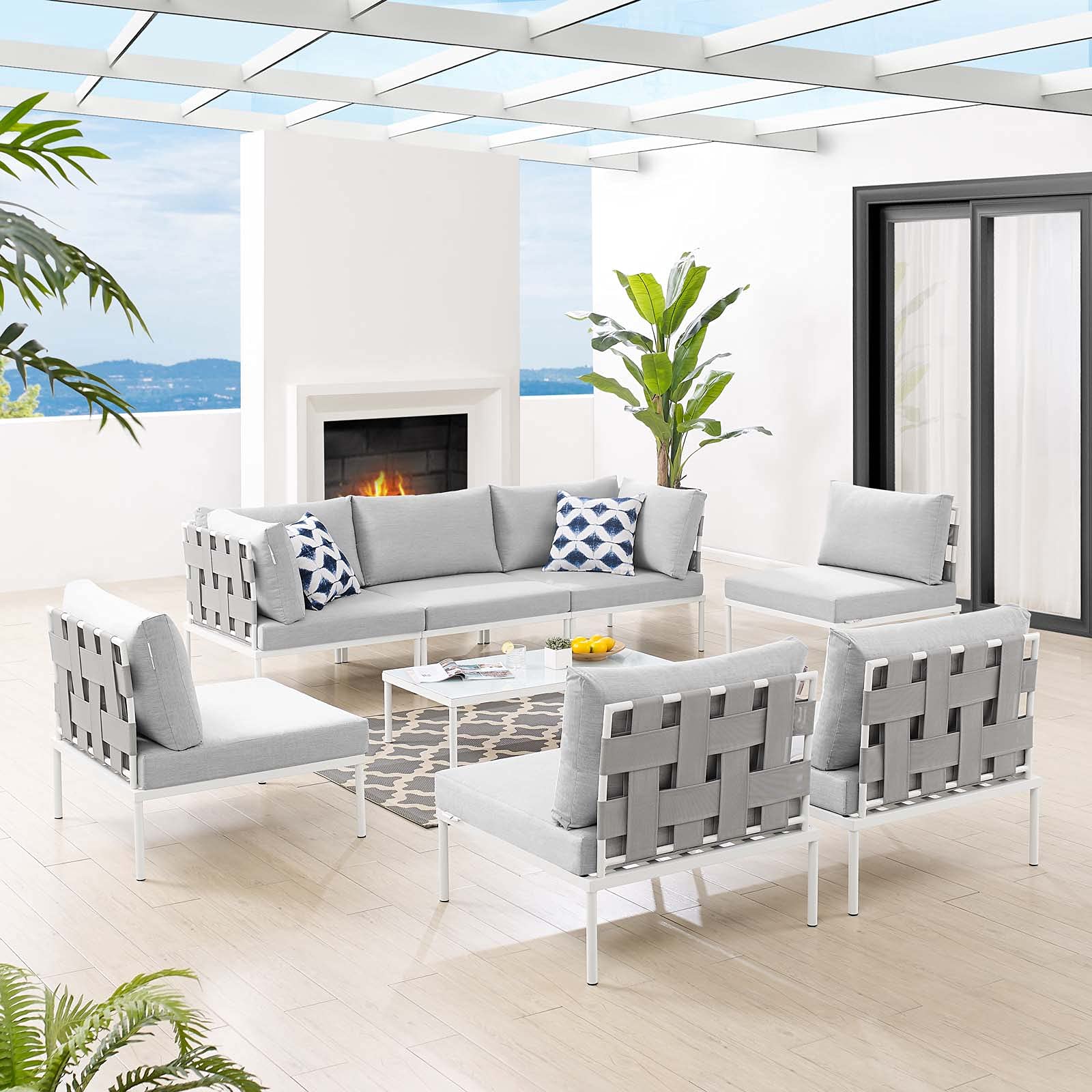 Modern Aluminum Grey Lounge Sectional Sofa Set with Chair & Table - Outdoor Patio, Garden, Cafe, Poolside Relaxation Furniture