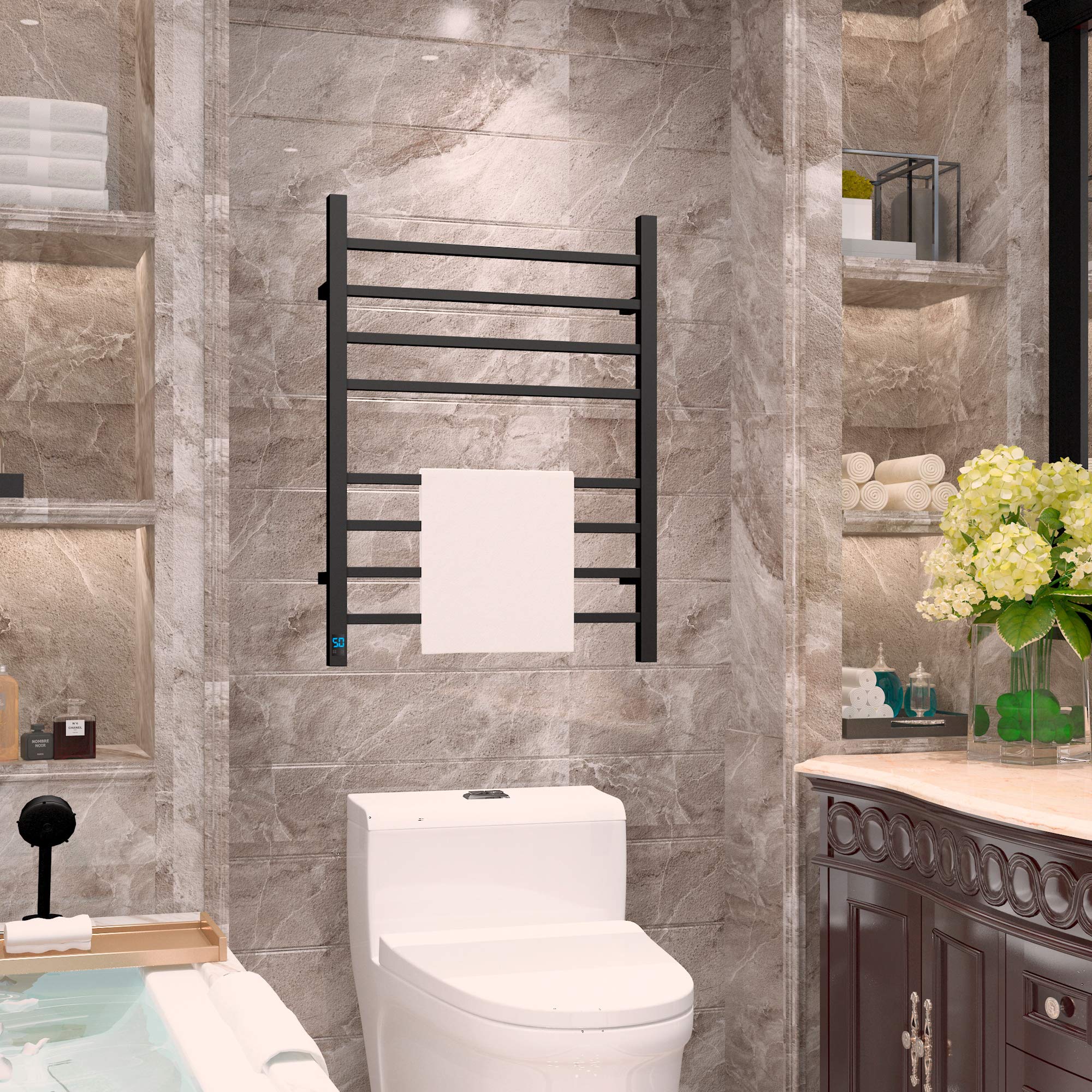 HEATGENE Electric Towel Warmer with Timer & Temperature Control - 8 Square Bar Wall-Mounted Towel Rack | Plug-in or Hardwired Installation | Matte Black | Perfect for Bathrooms, Spas & Luxury Homes