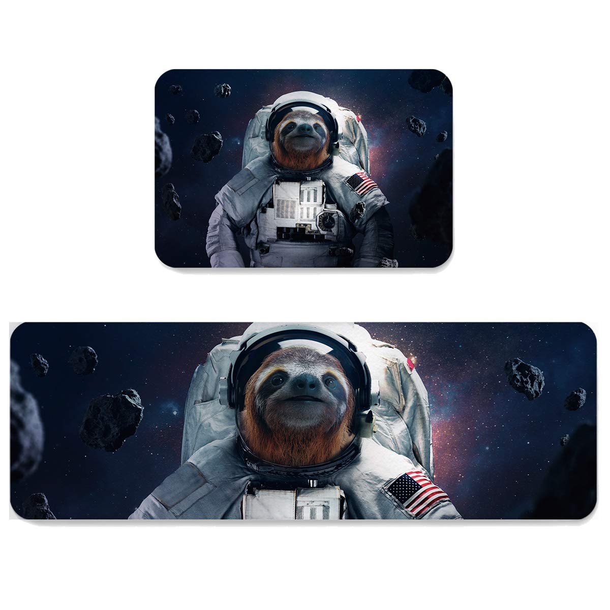 HELLOWINK Anti-Fatigue Kitchen Mat Set of 2 - Funny Sloth Astronaut & US Flag Design, Non-Slip Kitchen Rugs for Sink, Laundry, Home Office, and Floor Protection