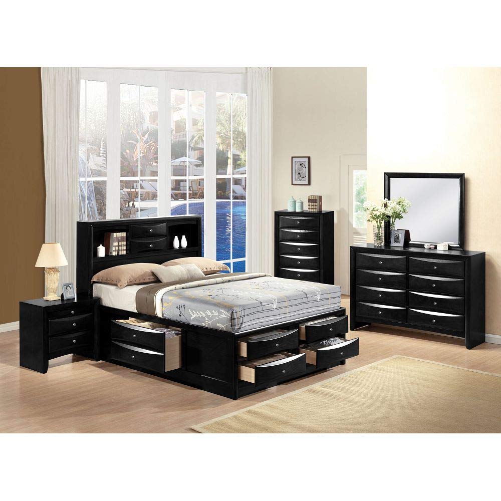 Elountik Solid Wood Bed Frame with Storage Drawers & Headboard Shelf - Full Size Platform Bed for Master & Guest Bedrooms (Black) | Space-Saving Storage Solution & Modern Bedroom Furniture for Small Spaces
