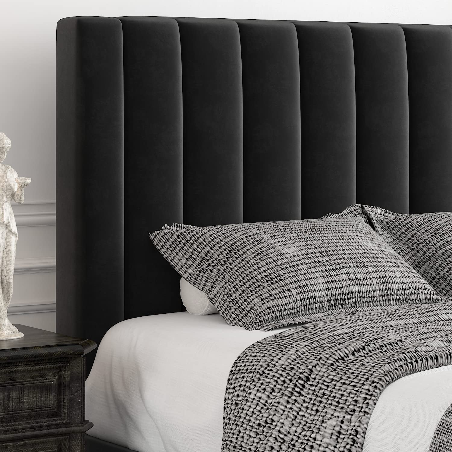 **Allewie Full Size Platform Bed Frame - Velvet Upholstered with Vertical Channel Tufted Headboard, Sturdy Wooden Slats & Mattress Foundation | Box Spring Optional | Easy Assembly | Black | Perfect for Modern Bedrooms & Guest Rooms**