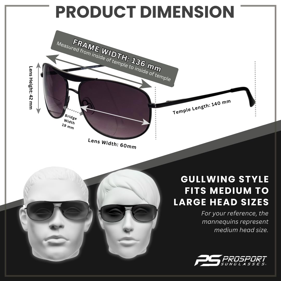 ProSPORT Aviator Bifocal Sunglasses +1.75 Reading Power - Black Gunmetal Frame with Smoke Lens - Bifocal Sunglasses for Men & Women - Perfect for Driving, Fishing & Outdoor Activities