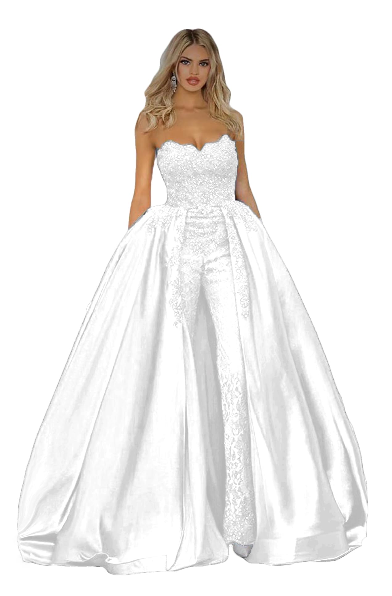 Elegant Wedding Jumpsuit with Removable Skirt & Lace Bodice - Long Train Formal Pant Suit for Brides, Bridesmaids & Special Occasions | Perfect for Church Ceremonies, Garden Weddings & Evening Galas