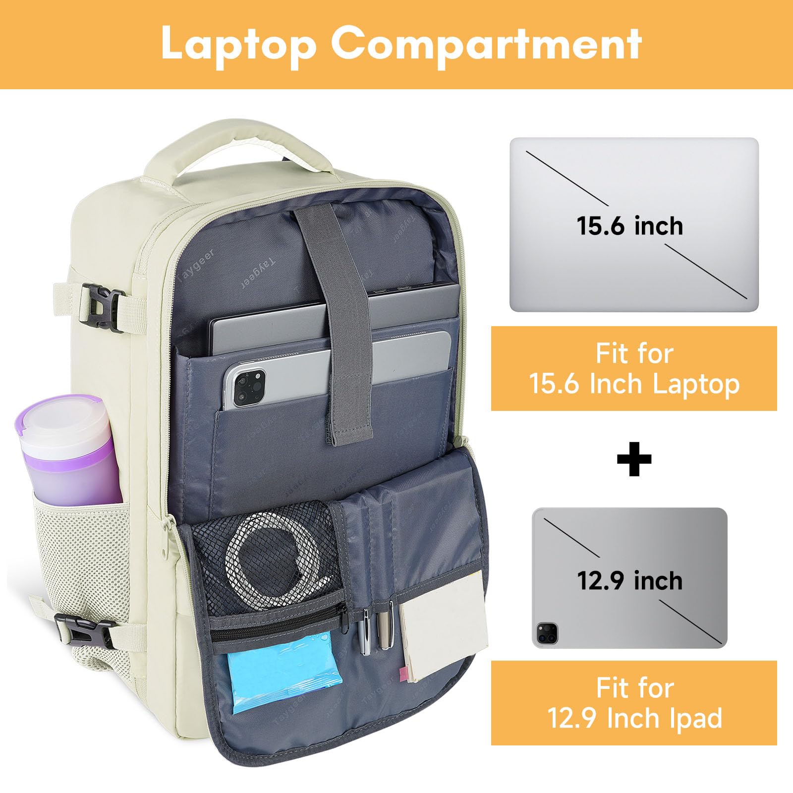 Taygeer Women's Travel Backpack with USB Charging Port & Shoe Compartment - TSA Approved 15.6 Inch Laptop Backpack for College, Gym, Business & Hiking - Lightweight Carry-On Flight Backpack for Weekender Trips & Casual Day Use (Beige) | Perfect for Air Travel, Commuting & Outdoor Adventures