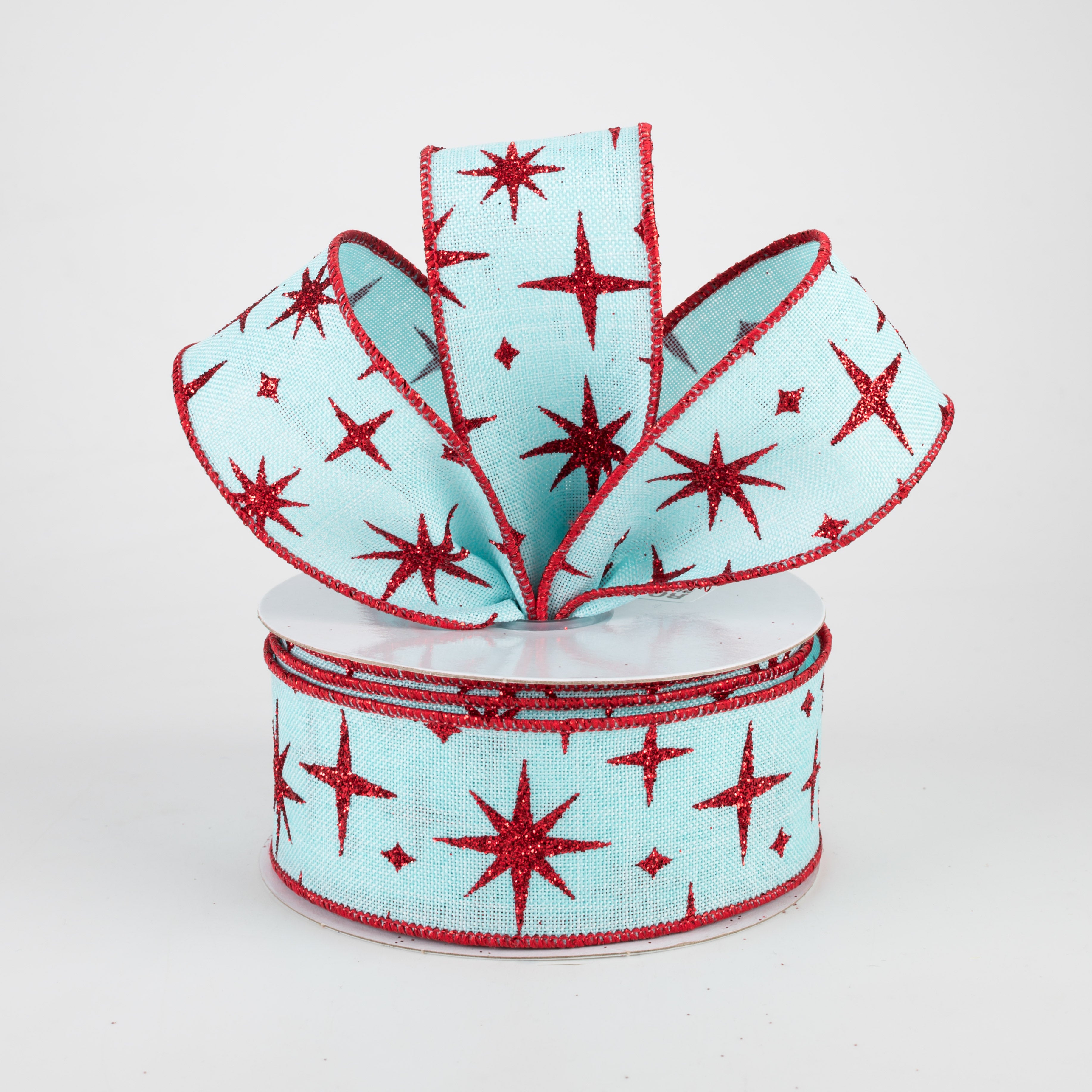 1.5 Inch Retro Stars Ribbon - Ice Blue & Red Striped Design (10 Yards) for Gift Wrapping, DIY Crafts, and Party Decorations