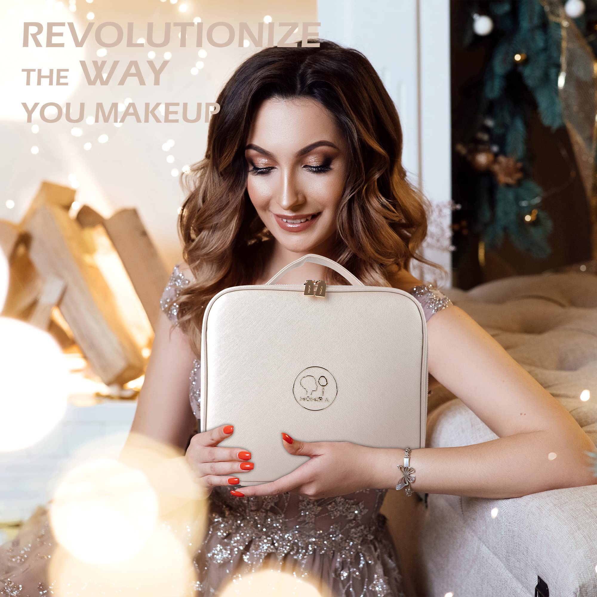 MOMIRA Large Lighted Travel Makeup Bag with Adjustable Brightness Mirror - Waterproof Cosmetic Organizer Case for Women, 3 Color Modes, Perfect Makeup Train Case & Toiletry Gift for Travel, Home, and Salon Use