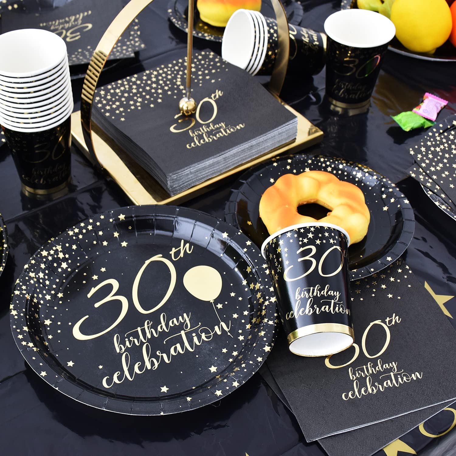 Gatherfun 30th Birthday Party Supplies Set - 30 Disposable Paper Plates, Napkins, Cups, Cutlery & Tablecloth - Black & Gold Decorations for Men & Women (Serves 25) - Perfect for Milestone Birthdays, Anniversary Celebrations & Themed Parties