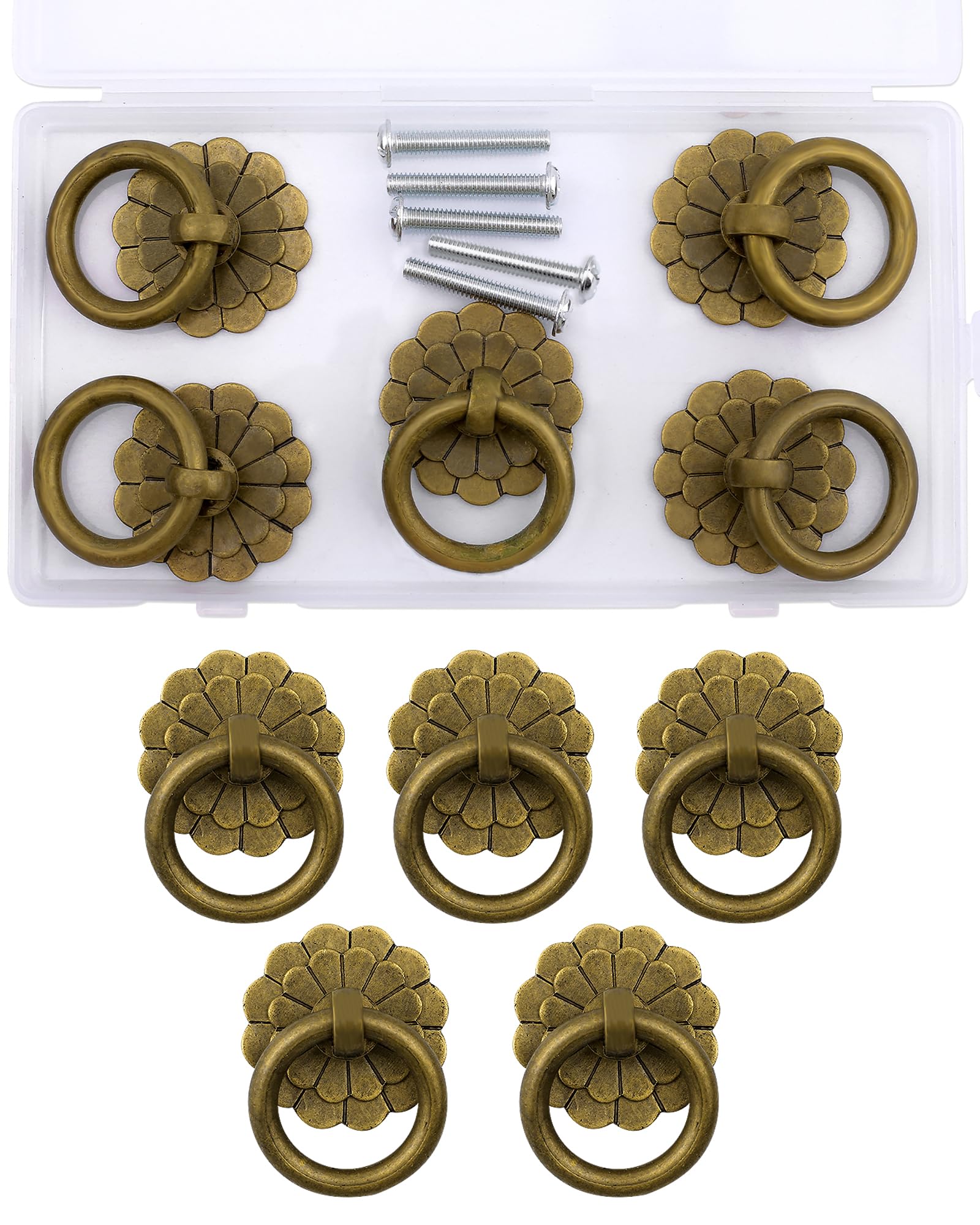 5 Pcs Antique Brass Cabinet Drawer Knobs - Vintage Bronze Drop Ring Pulls for Furniture, Closet, Cupboard & Jewelry Box (Flower Design) - Perfect for Home Decor, DIY Projects & Vintage Style Makeovers