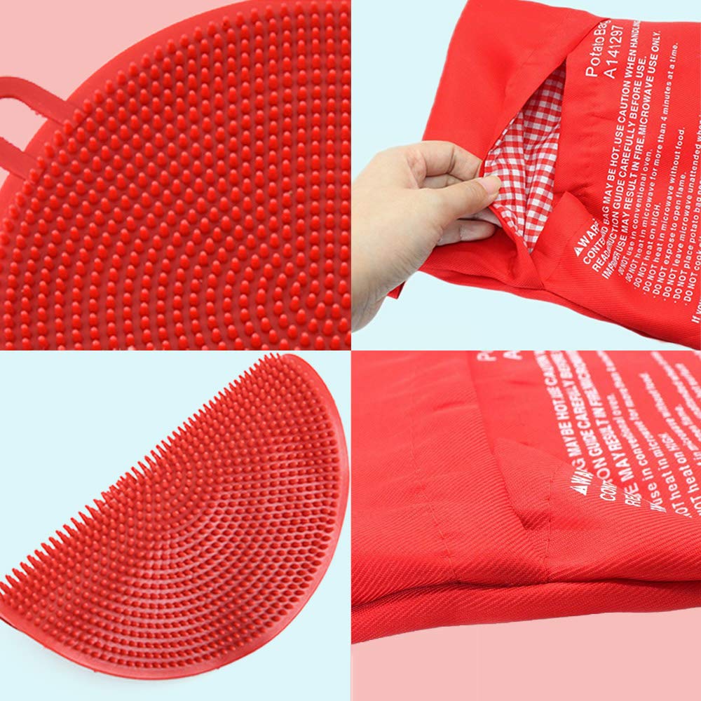 3 Pack Microwave Potato Cooking Bags with Silicone Vegetable Scrubber Brush - Reusable Baked Potato Pouch & Multi-Purpose Silicone Dish Sponge for Kitchen Cleaning (Red) - Perfect for Quick Meals, Healthy Cooking & Easy Cleanup
