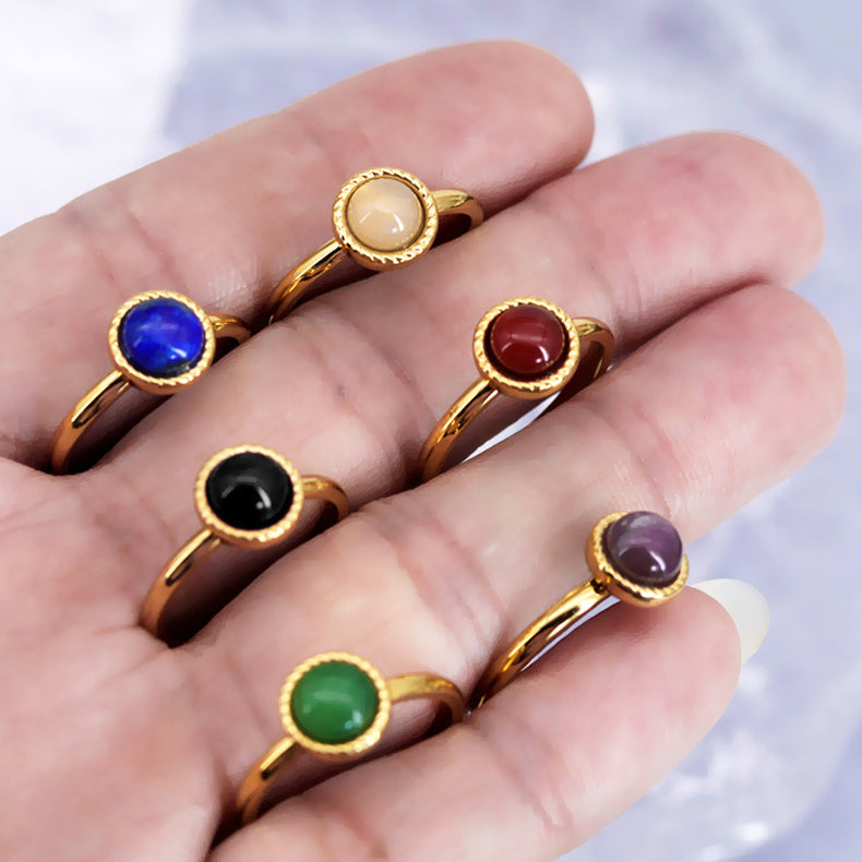 Stylish 18K Gold Plated Titanium Steel Ring with Natural Stone Inlays - Red Agate, Pink Crystal & Amethyst Blue Jewelry for Women | Perfect for Parties, Weddings & Everyday Fashion Accessories