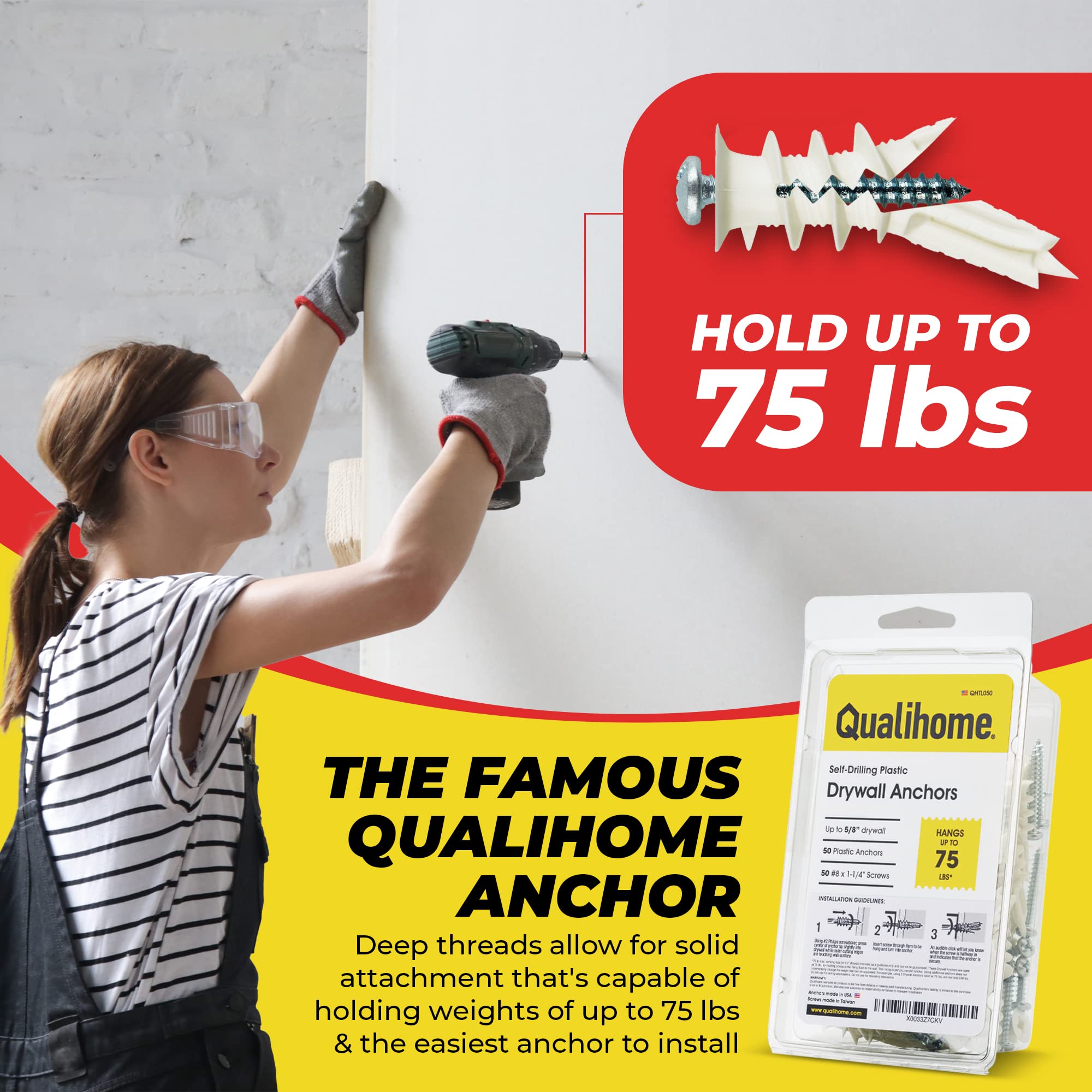Qualihome Self Drilling Drywall Anchors - Heavy Duty Plastic Wall Anchors for Drywall, Gypsum Board & Sheetrock - No Pre-Drilling Needed - Holds 75 lbs (200 Pack) - Perfect for Hanging Pictures, Shelves, Mirrors & Home Decor