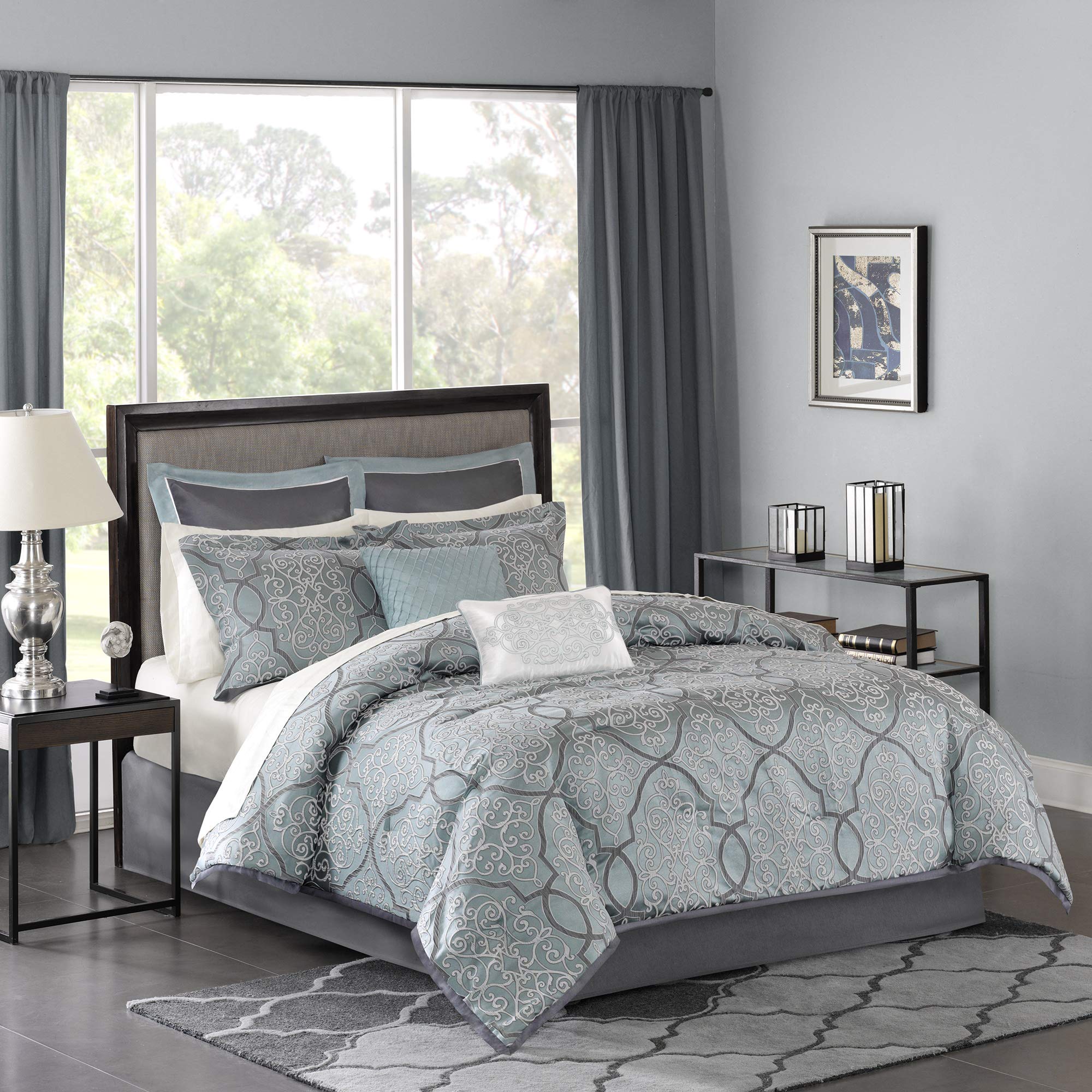 Madison Park Lavine 12-Piece Queen Size Bed in a Bag Comforter Set - Luxe Jacquard Down Alternative Bedding with Cotton Sheets, Bed Skirt & Pillow Shams | All-Season Soft Blue Traditional Design for Cozy Bedroom Decor