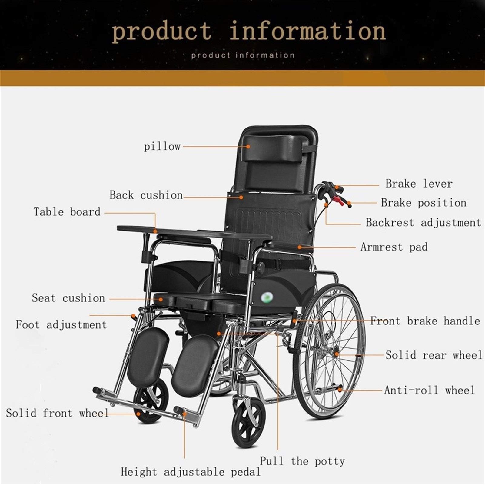 High Back Reclining Commode Wheelchair - Foldable Shower Chair with Lying Function | Adjustable Bathroom Safety Scooter for Elderly & Disabled Care | Home & Hospital Use (Upgraded Version)