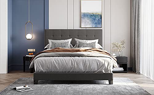 Queen Size Upholstered Platform Bed Frame with Tufted Headboard - Modern Upholstered Bed with Wood Slat Support, No Box Spring Needed, Easy Assembly (Gray) | Perfect for Master Bedrooms, Guest Rooms & Small Spaces