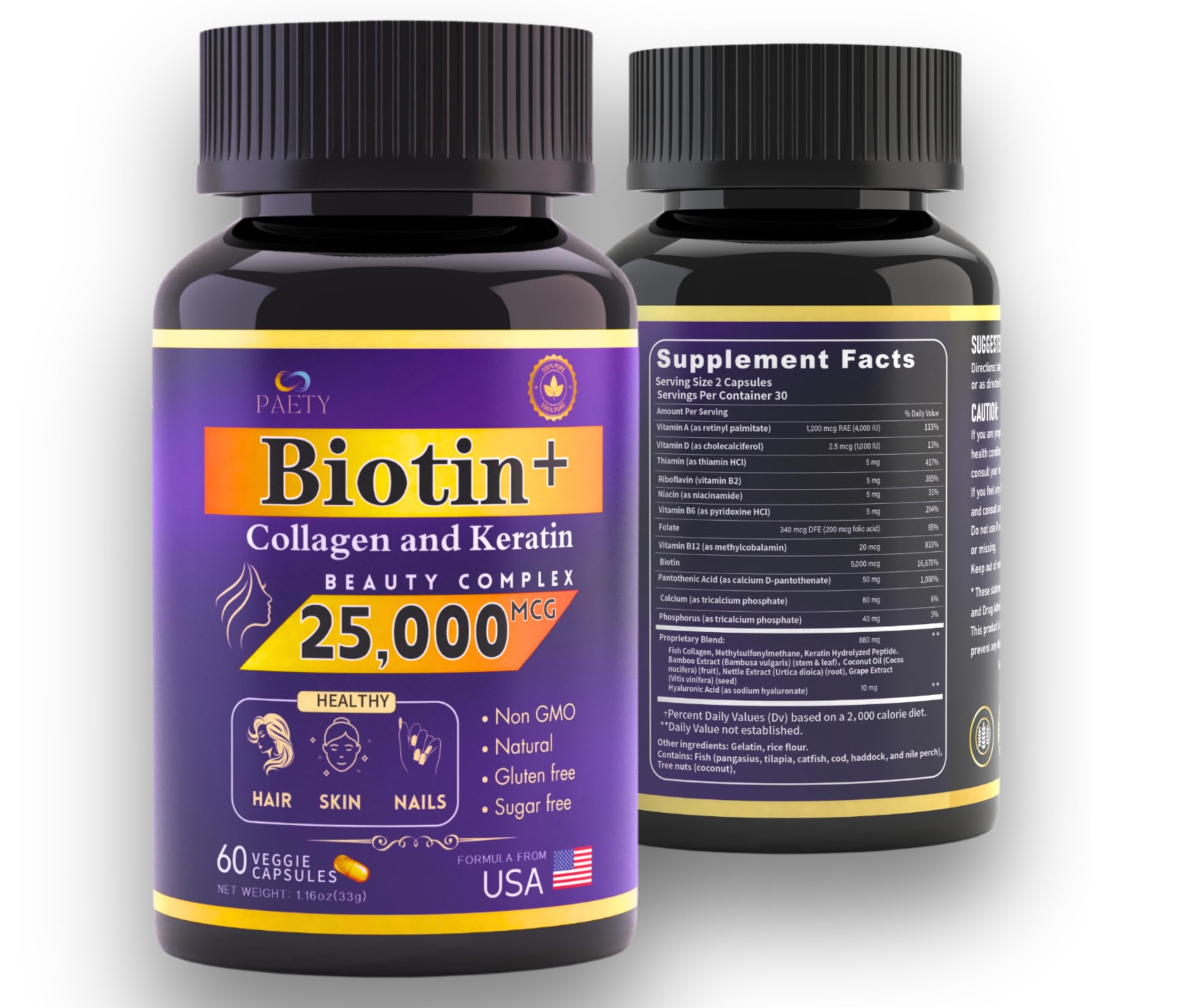 Biotin Collagen Keratin Complex 25000mcg with Hyaluronic Acid & B Vitamins - Clinically Proven Hair Skin & Nails Supplement - 60 Capsules for Women & Men - Promotes Healthy Hair Growth, Glowing Skin & Strong Nails - Perfect for Daily Beauty Routine & Anti-Aging Care