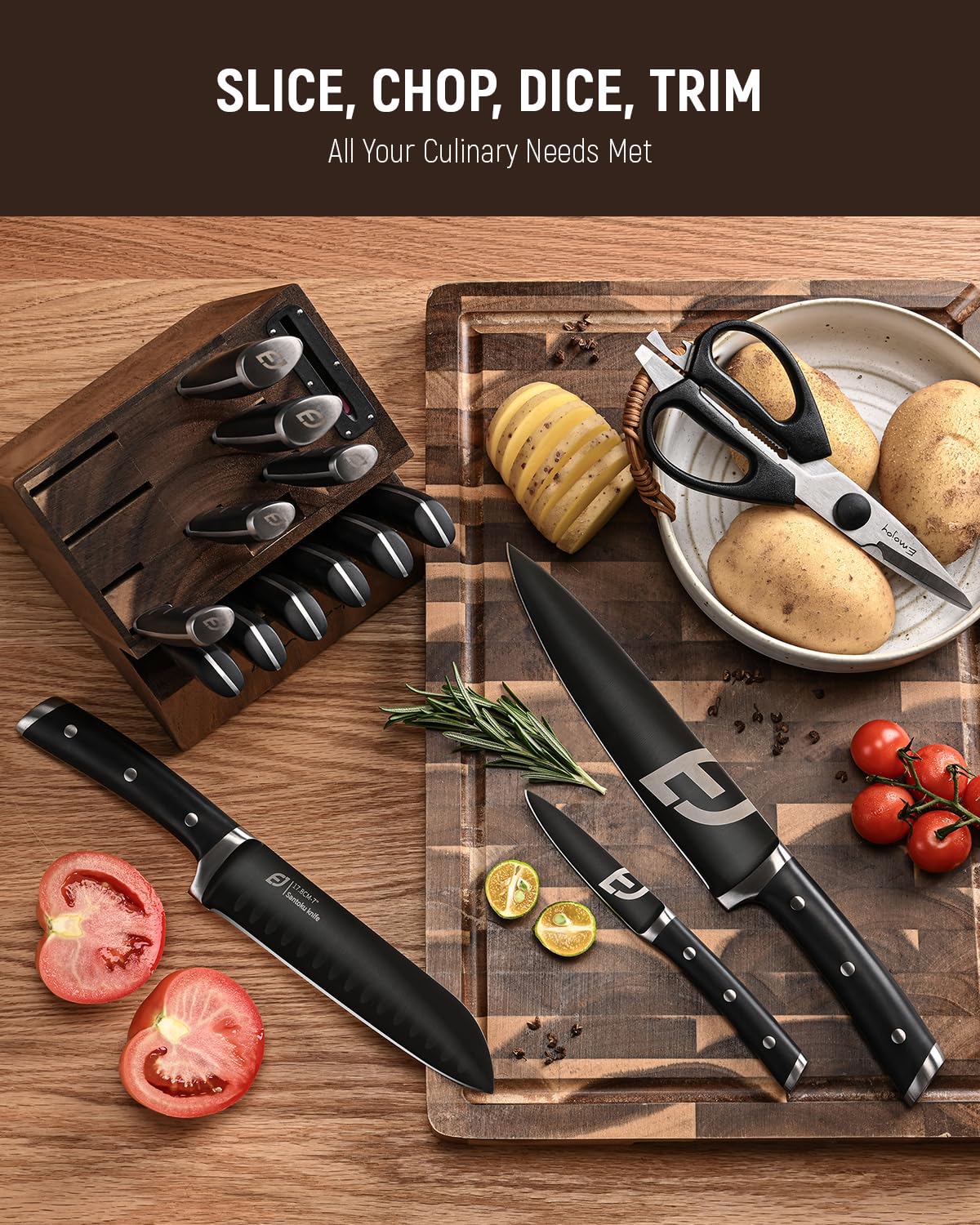 Emojoy 17-Piece Premium Kitchen Knife Set with Acacia Wood Block - Titanium Stainless Steel Knives with Built-in Sharpener, Rust Proof Cutlery Set for Professional Chefs & Home Cooking | Perfect for Meat Cutting, Vegetable Chopping & Food Prep
