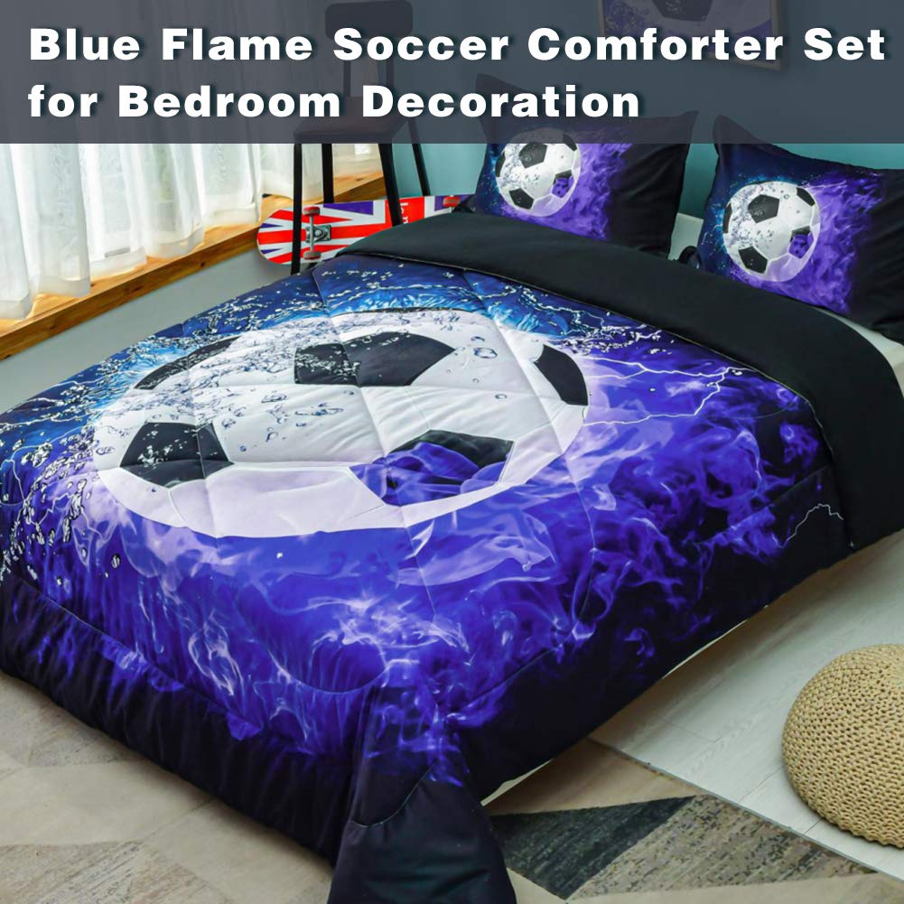 Andency Twin Soccer Comforter Set (66x90 Inch) - 2 Piece Blue Flame Soccer Bedding with Pillowcase | Soft Microfiber Sports Themed Comforter for Boys, Girls, Kids & Teens | Perfect for Bedrooms, Dorms, Sleepovers & Soccer Fans