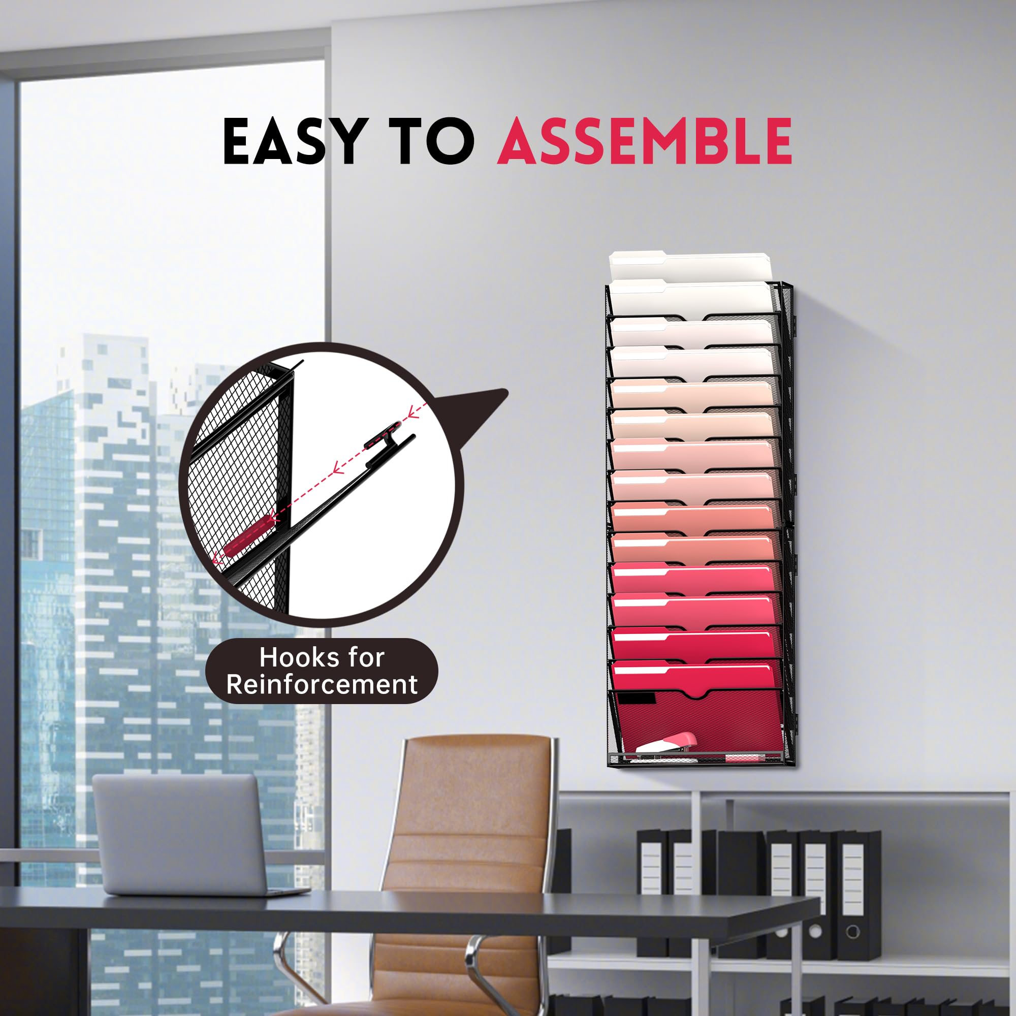 SUPEASY 2 Pack Black 15-Tier Wall Mount File Organizer - Hanging Document Holder for Office, Home & Dorm - Perfect for Organizing Papers, Magazines & Office Supplies (Assembly Required)