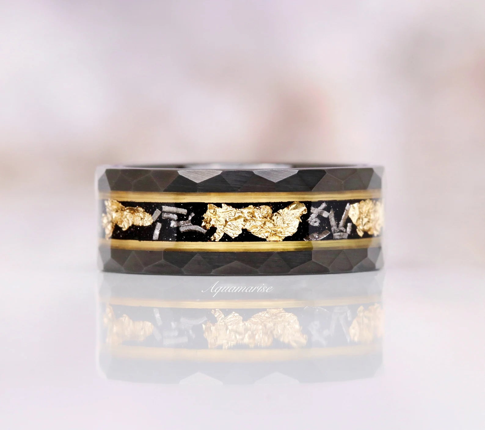 Black Onyx & Meteorite Gold Leaf Couples Ring - Elegant Matching Wedding Bands for Him & Her - Perfect for Anniversaries, Engagements and Romantic Gifts