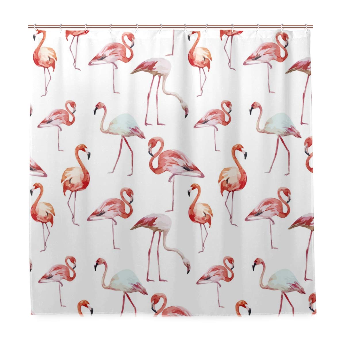 Watercolor Flamingos Bath Shower Curtain 72x72 Inches - Waterproof Fabric with Hooks, Hotel & Home Bathroom Decor for Tropical & Coastal Themed Spaces