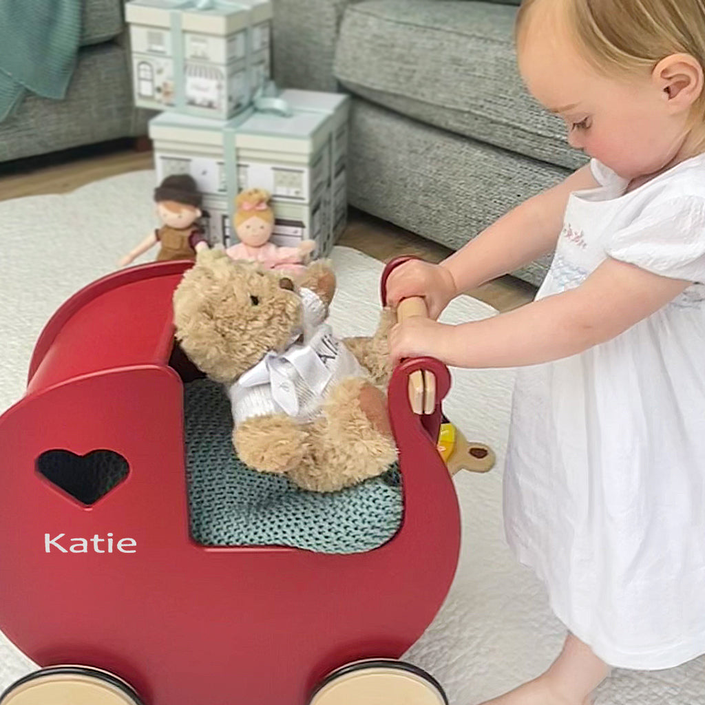 Personalized Red Wooden Baby Pram with Bernard Bear - Perfect for Newborn Gifts & Nursery Decor