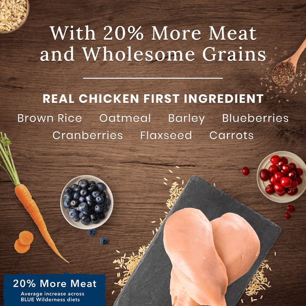 BLUE Wilderness High Protein Dry Dog Food - Chicken Recipe with Grains for Adult Dogs | Grain-Inclusive Kibble for Active Pets & Outdoor Adventures