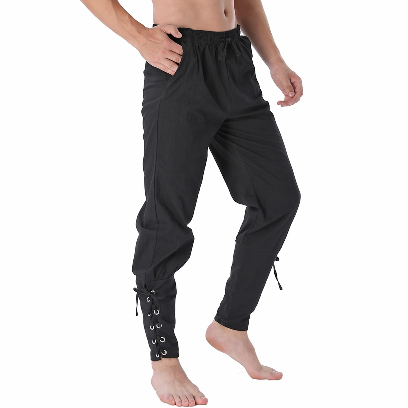 BEDJIMI Men's Medieval Viking Pirate Cosplay Ankle Banded Pants - Renaissance Costume Trousers in Brown for LARP, Reenactment & Halloween Costumes