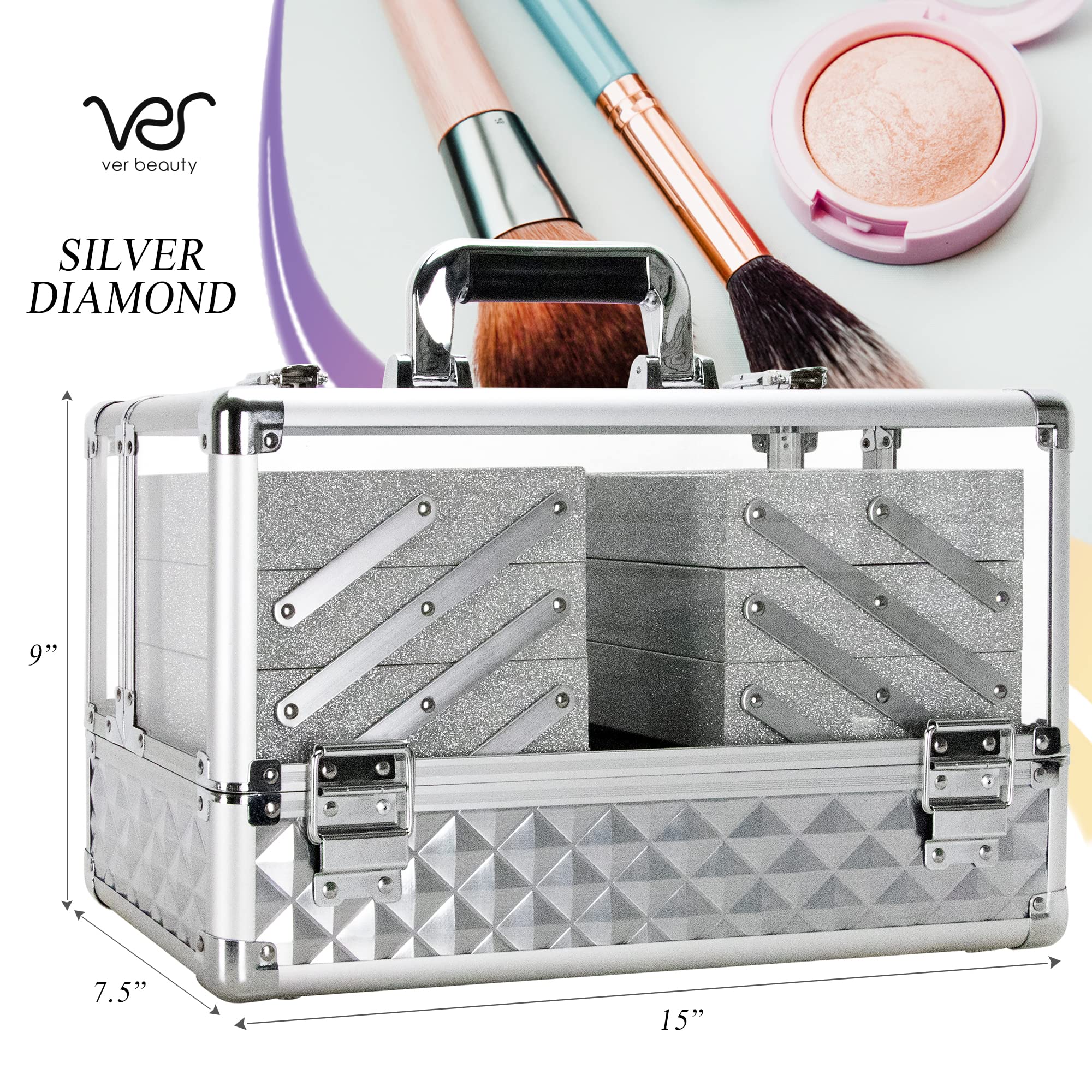 Ver Beauty 14-Inch Large Acrylic Makeup Train Case - Professional Portable Cosmetic Organizer with 6 Trays, Brush Holder & Jewelry Storage for Makeup Artists, Nail Kits & Crafts | Perfect for Travel, Salon & Home Display (Silver)
