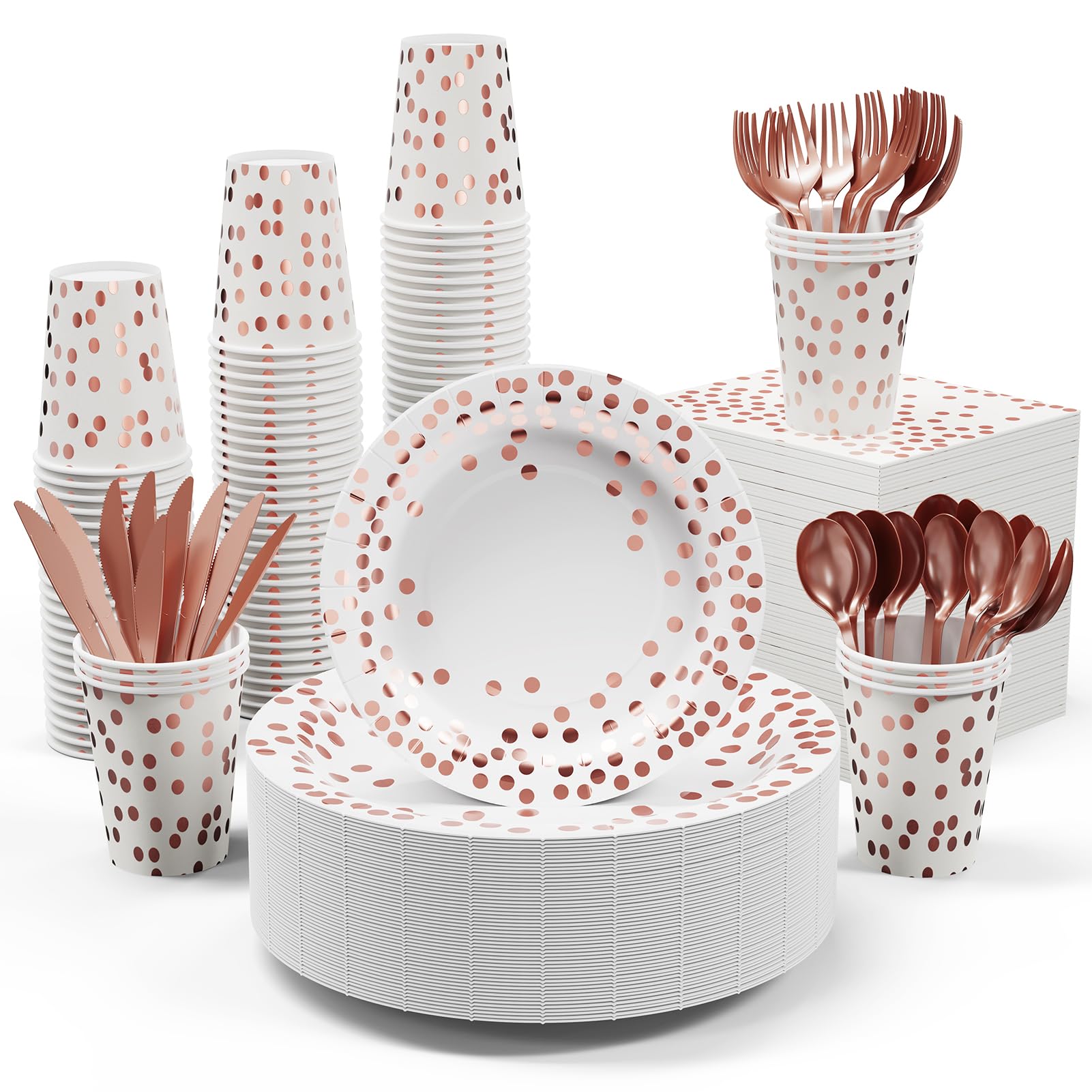 350-Piece White & Rose Gold Disposable Dinnerware Set - Elegant Paper Plates, Napkins, Cups with Gold Plastic Cutlery (Forks, Knives, Spoons) - Perfect for Graduation Parties, Birthday Celebrations & Cocktail Events - Premium Party Supplies for Weddings, Baby Showers & Holiday Gatherings
