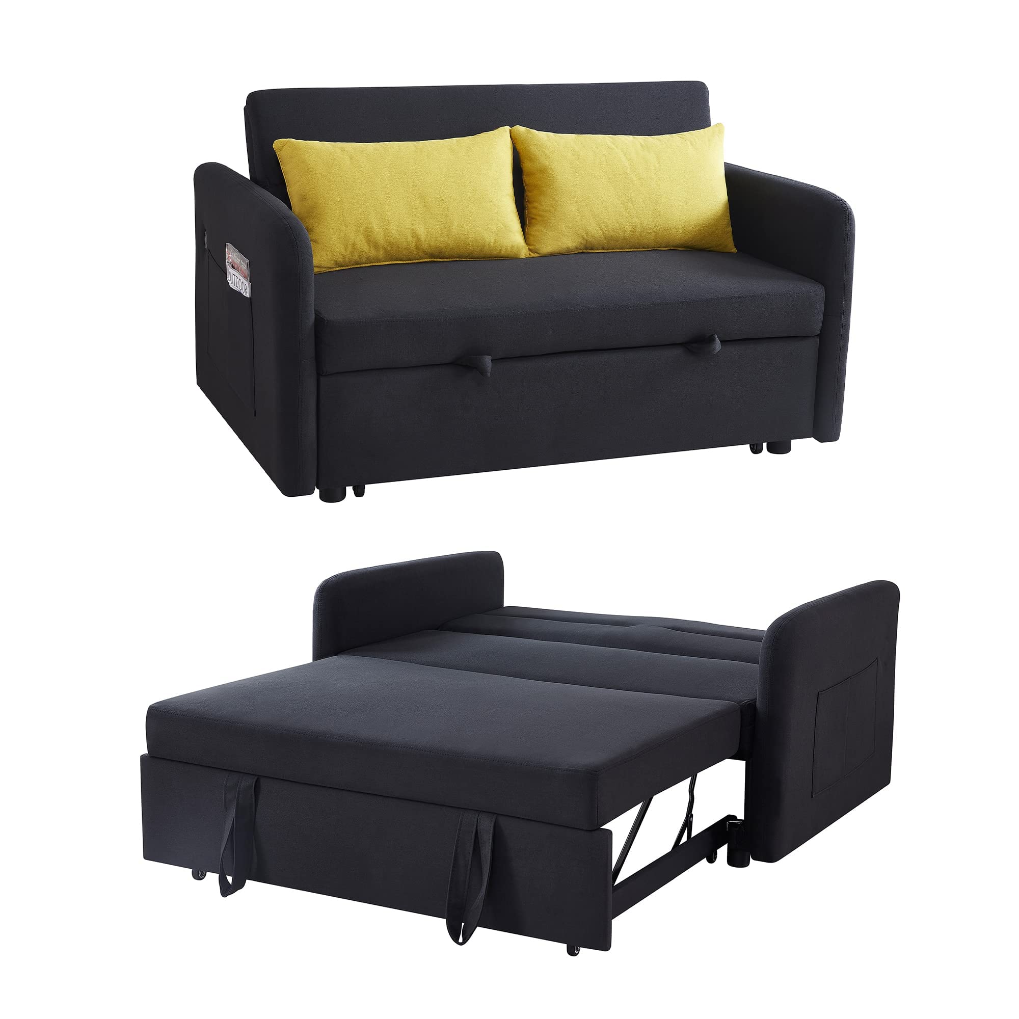 UFINEGO 55-inch Convertible Sleeper Sofa Bed with USB Ports - Adjustable Backrest, Side Pockets - Small Loveseat Pull Out Couch for Living Room, Apartment - Perfect for Guest Sleeping & Space Saving (Black)