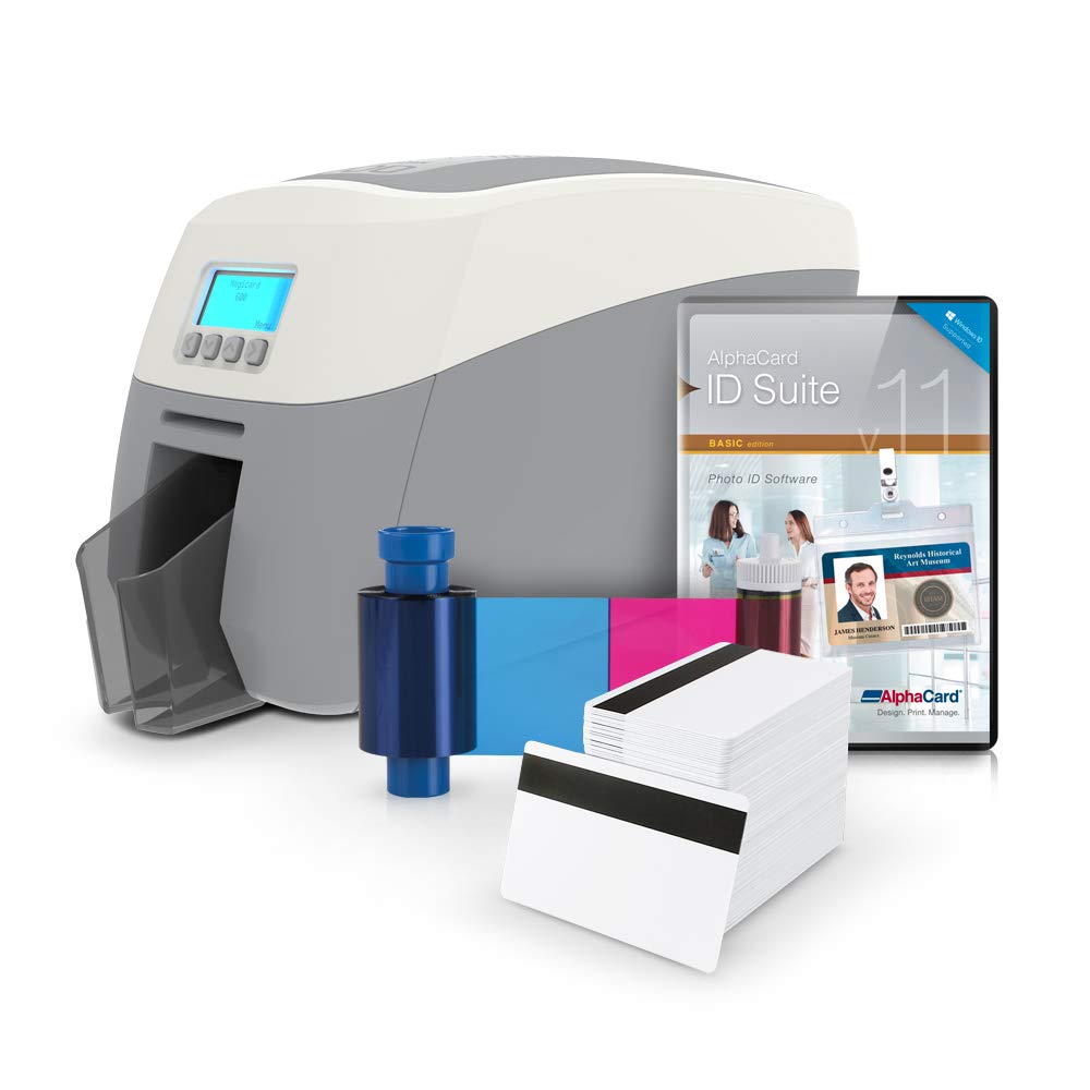 Magicard 600 Dual-Sided ID Card Printer System with 250 Print YMCKO Ribbon, 300 Premium Magnetic PVC AlphaCard Cards & ID Builder Basic Software (PC) - Perfect for Office Security, School IDs, and Employee Badge Printing