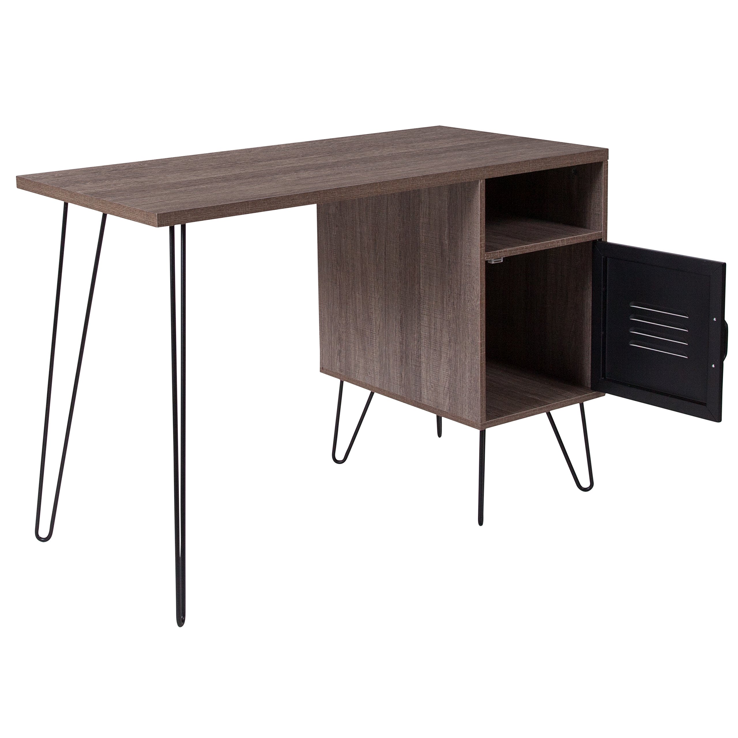 Rustic Wood Grain Computer Desk with Metal Cabinet Door - EMMA & OLIVER Home Office Desk for Study, Workstation, and Gaming Setup