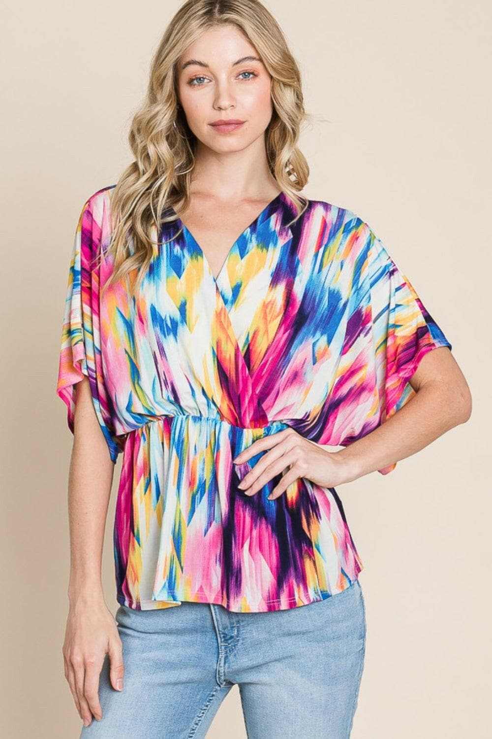 BOMBOM Women's Printed Surplice Peplum Blouse - Flowy Floral Tops for Work, Party & Casual Wear