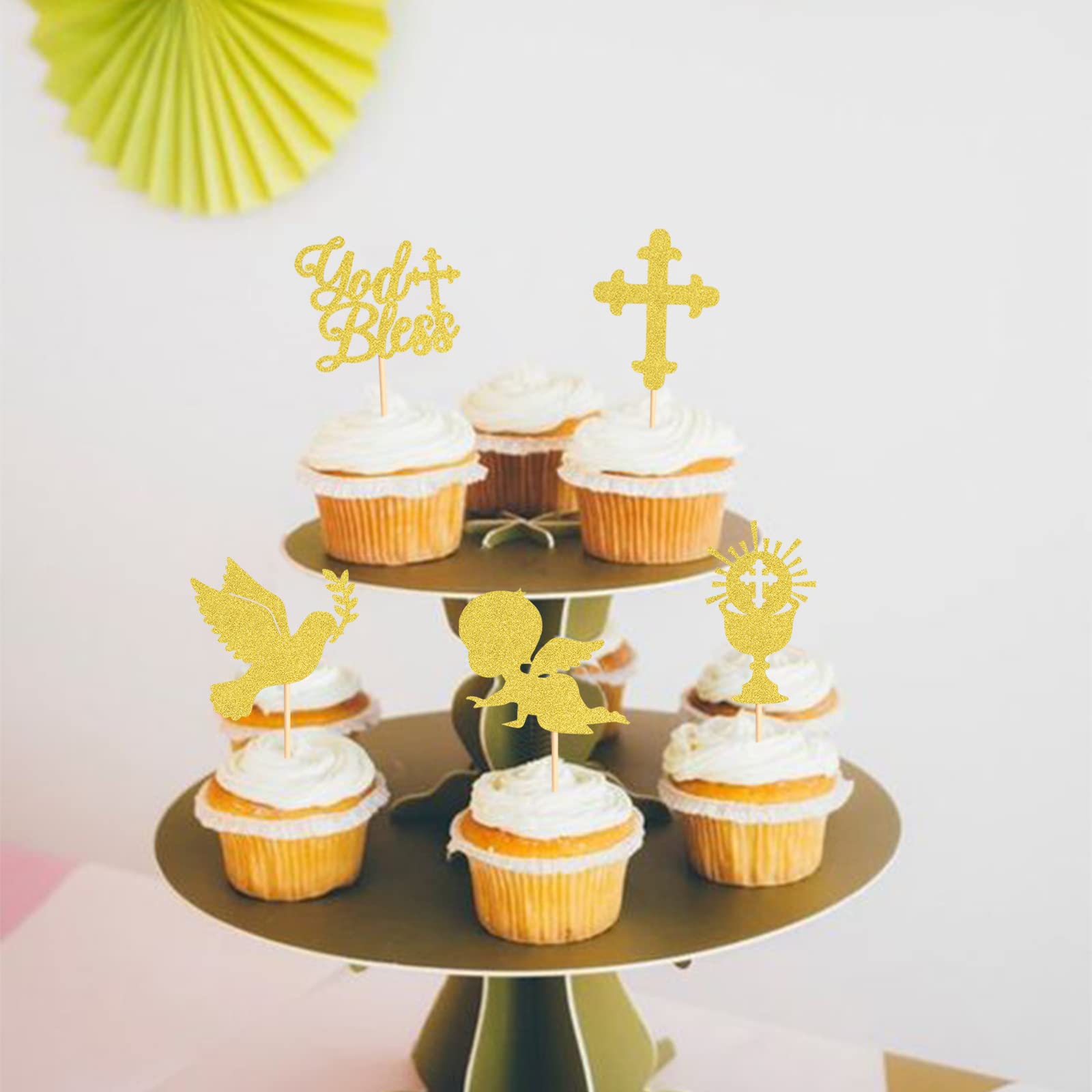 35 Pack Gold Cross Cupcake Toppers - God Bless Baptism & Baby Shower Party Decorations - Perfect for Christening, First Communion, Religious Celebrations & Christian Events