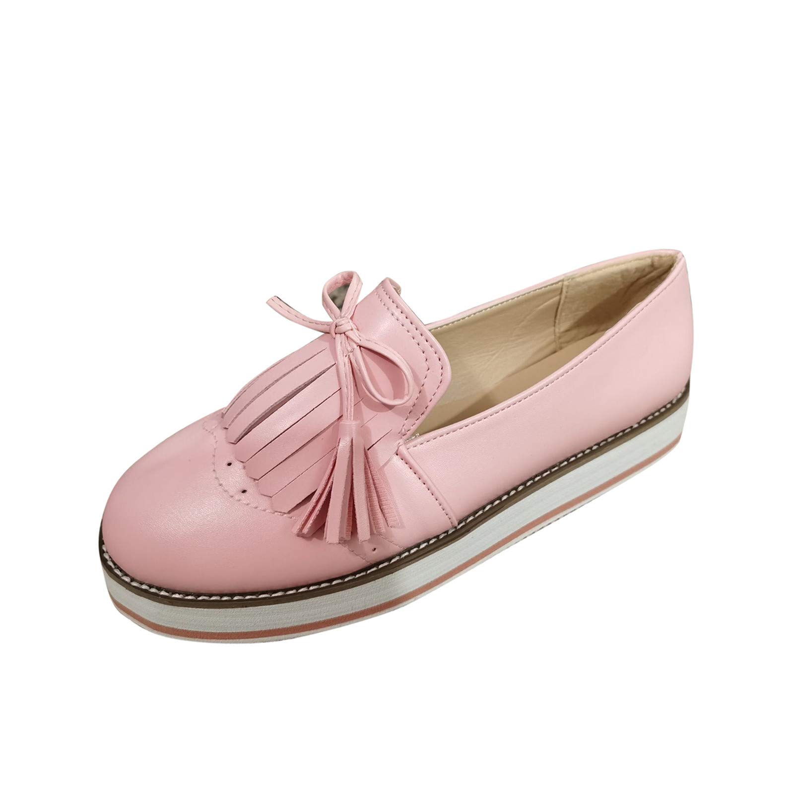 HCJYAL Women's Casual & Formal Round-Toe Flat Shoes - Japanese Fashion Lace-Up Tassel Loafers for Work, Office & Everyday Wear