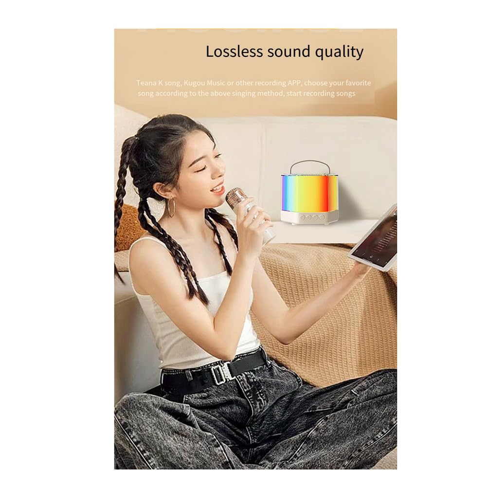 Mkcavne Bluetooth Karaoke Machine with Microphones - Portable Speaker with Bass & Dazzling LED Lights for Adults & Kids - Perfect for Home Parties, Outdoor Gatherings & Family Singing Fun (White)