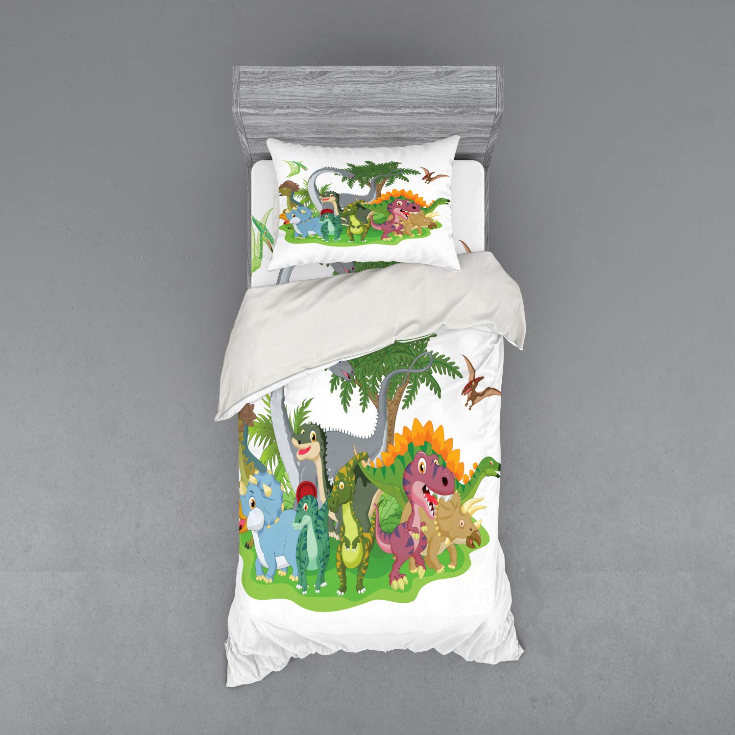 Ambesonne Jurassic Duvet Cover Set - Colorful Cartoon Dinosaur Design with Happy Smile Pattern, 3-Piece Bedding Set Includes Sham & Fitted Sheet, Twin Size, Multicolor - Perfect for Kids' Room, Dinosaur Theme Bedroom Decor, and Fun Gift Idea for Jurassic Park Fans